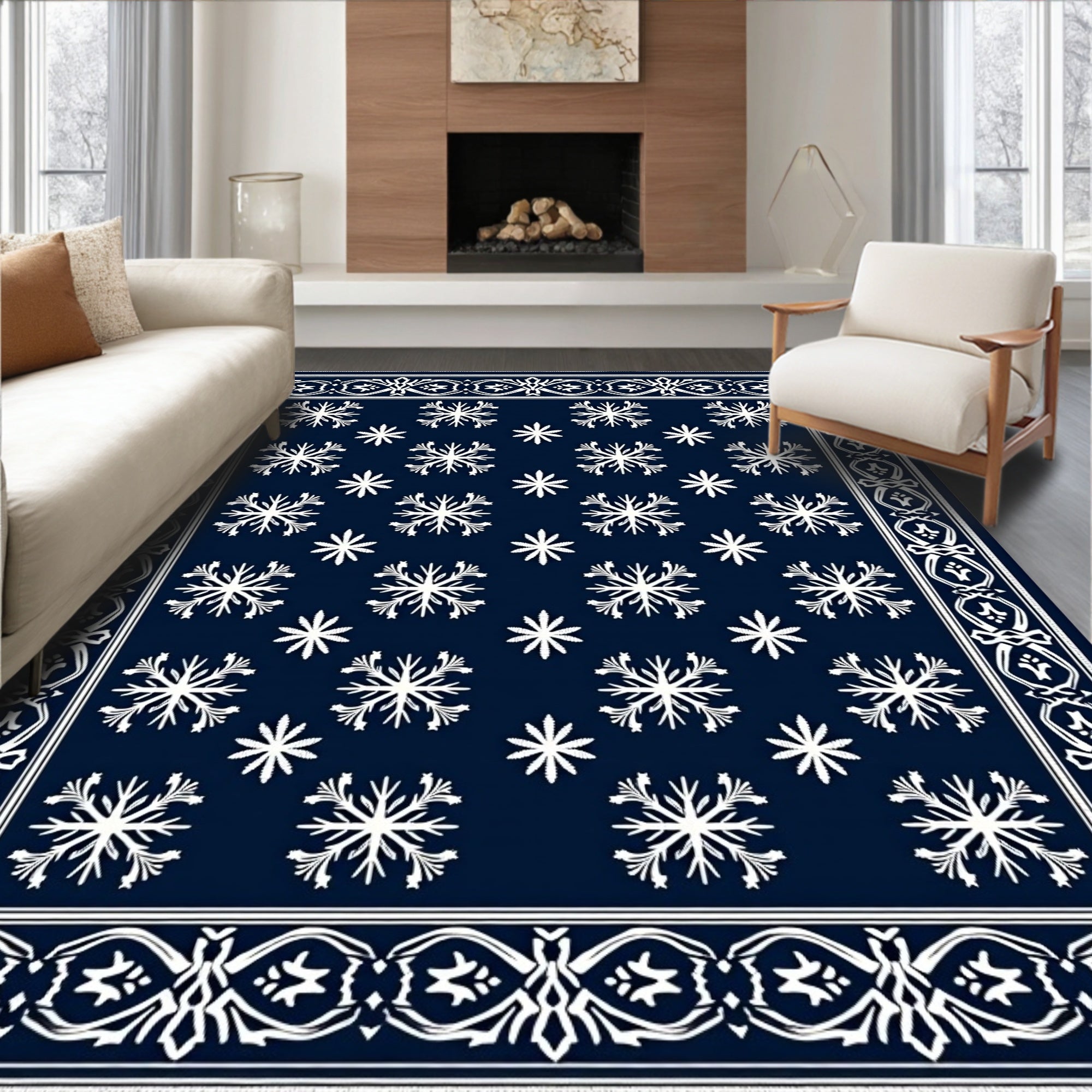 Deep Blue Snowflake Border Rug