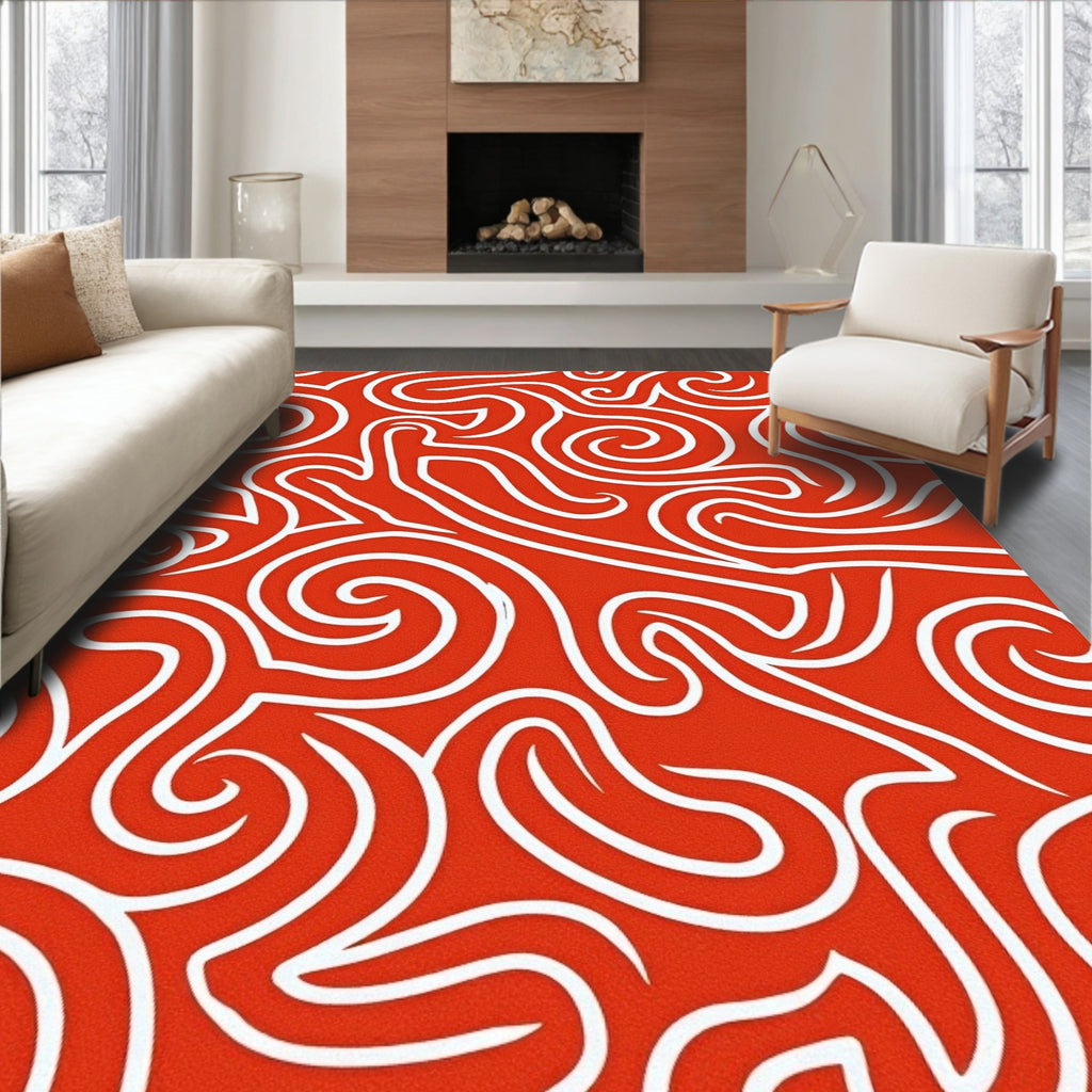 Crimson Swirl Abstract Line Art Rug