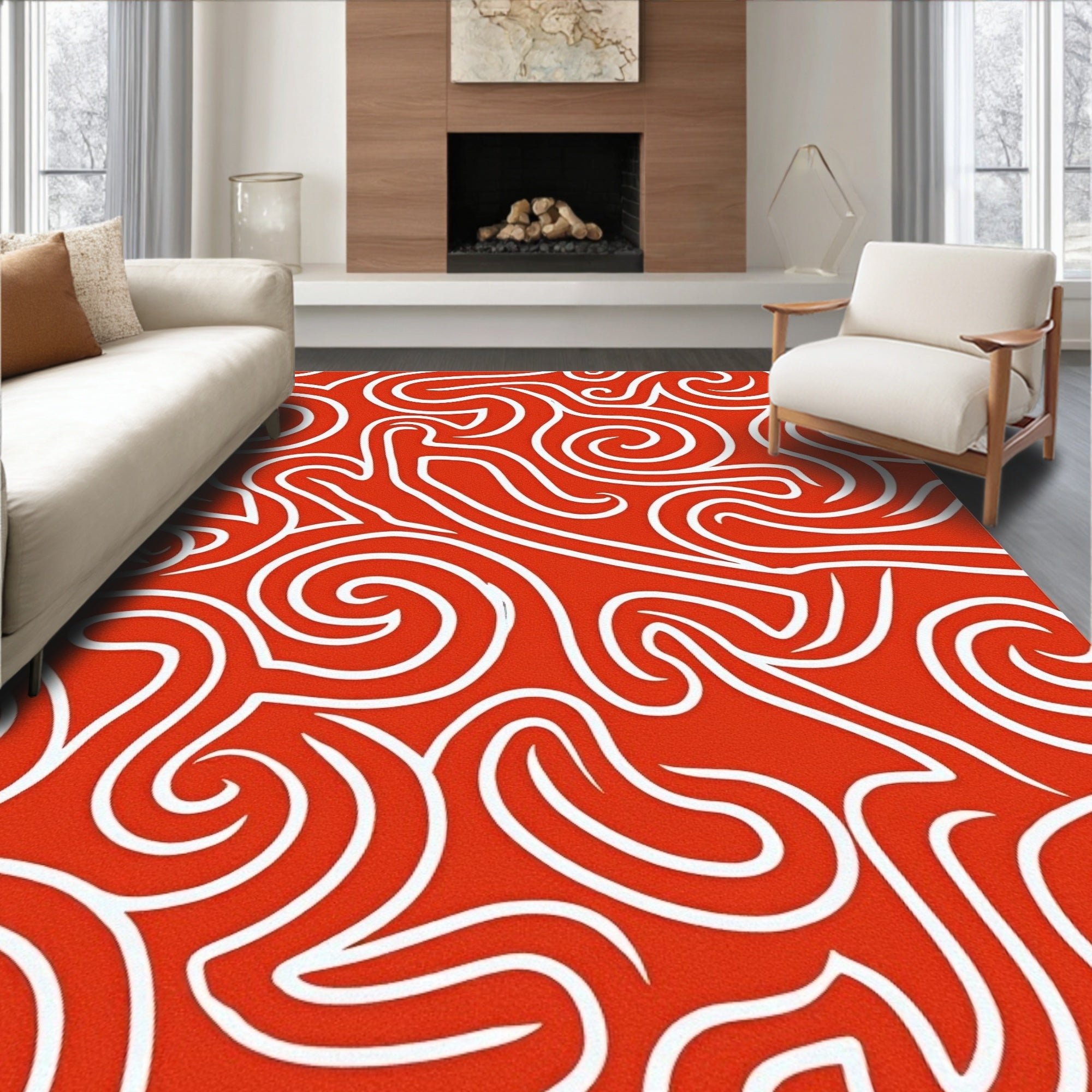Crimson Swirl Abstract Line Art Rug