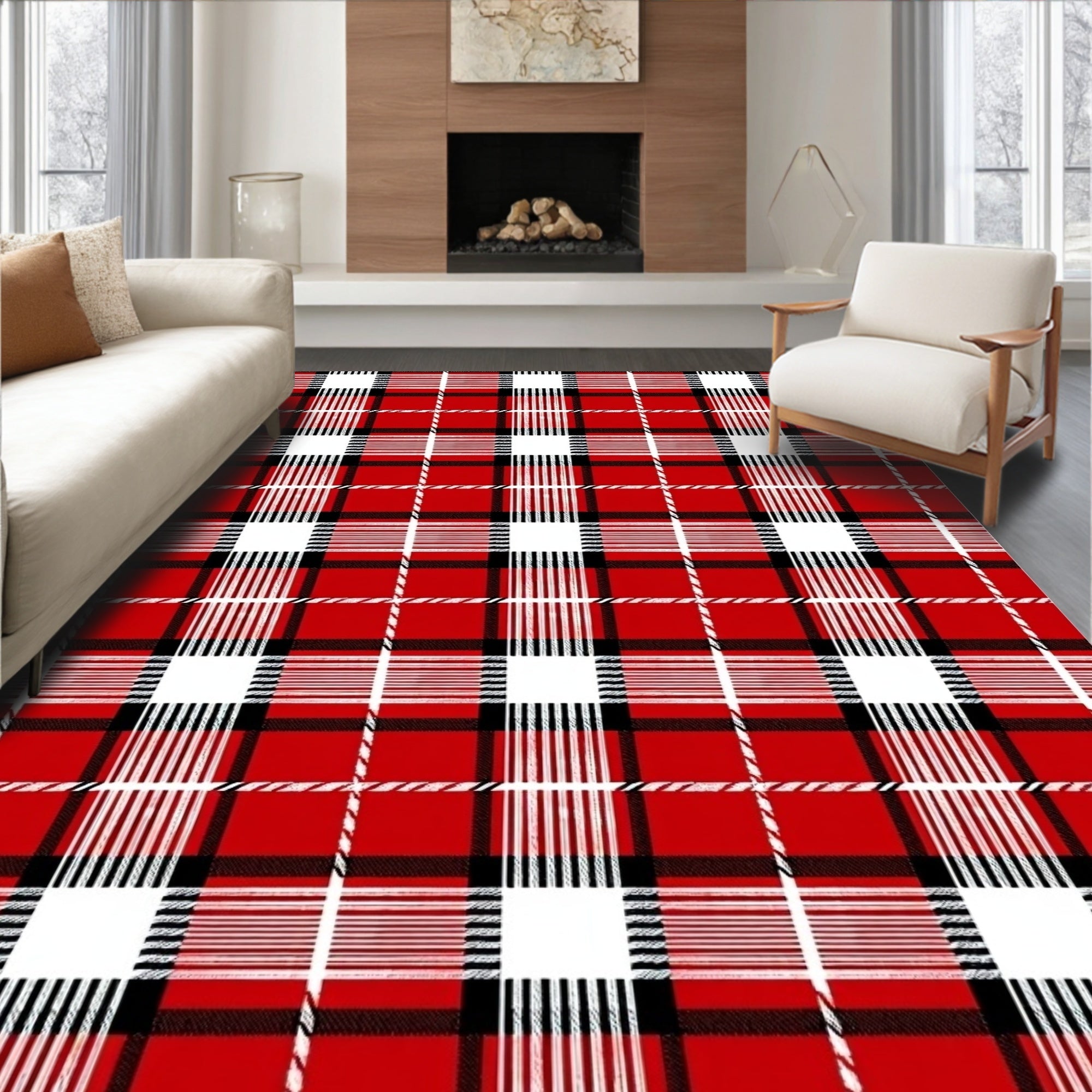 Classic Red Black White Plaid Texture Rug