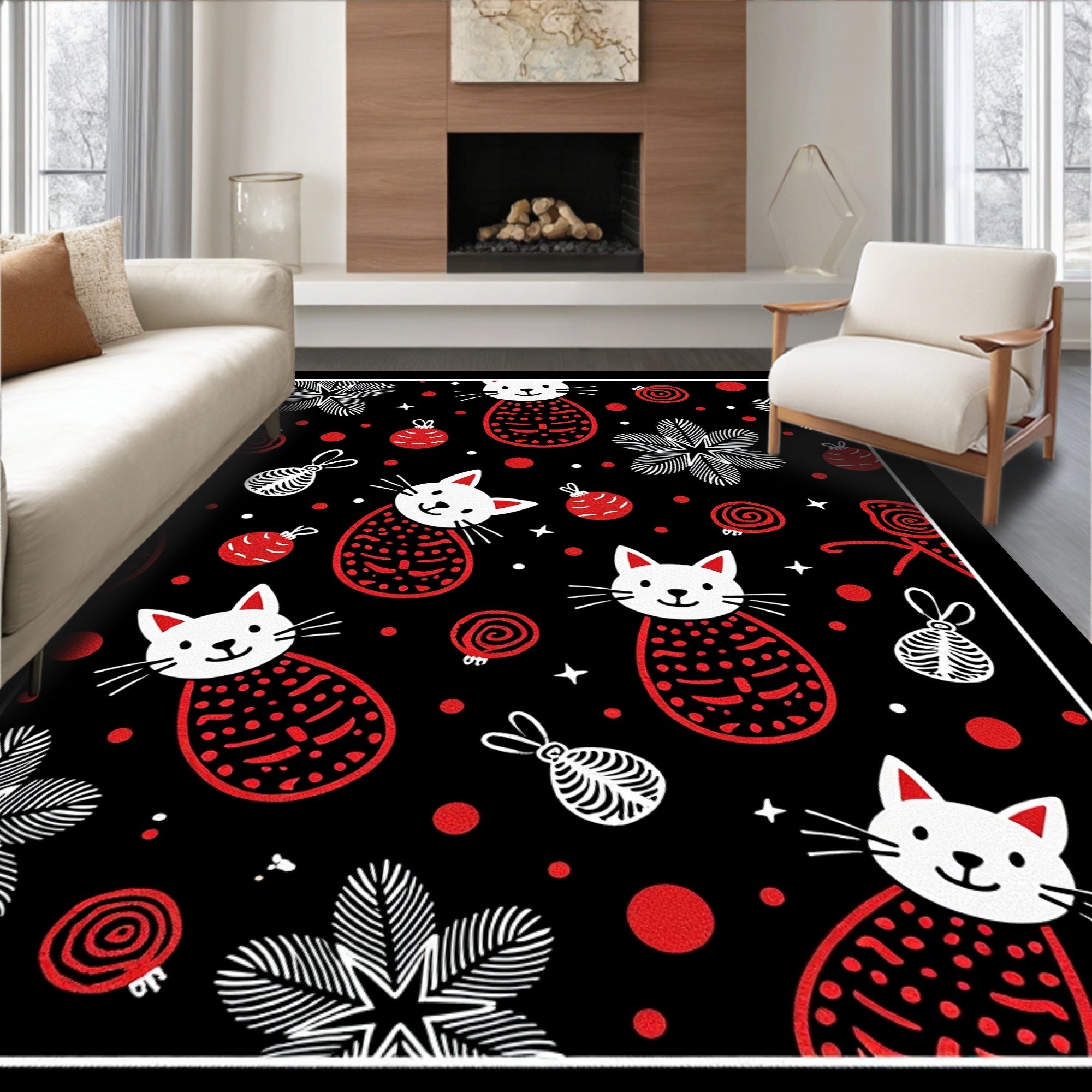 Whimsical Red Cats and Ornaments Rug