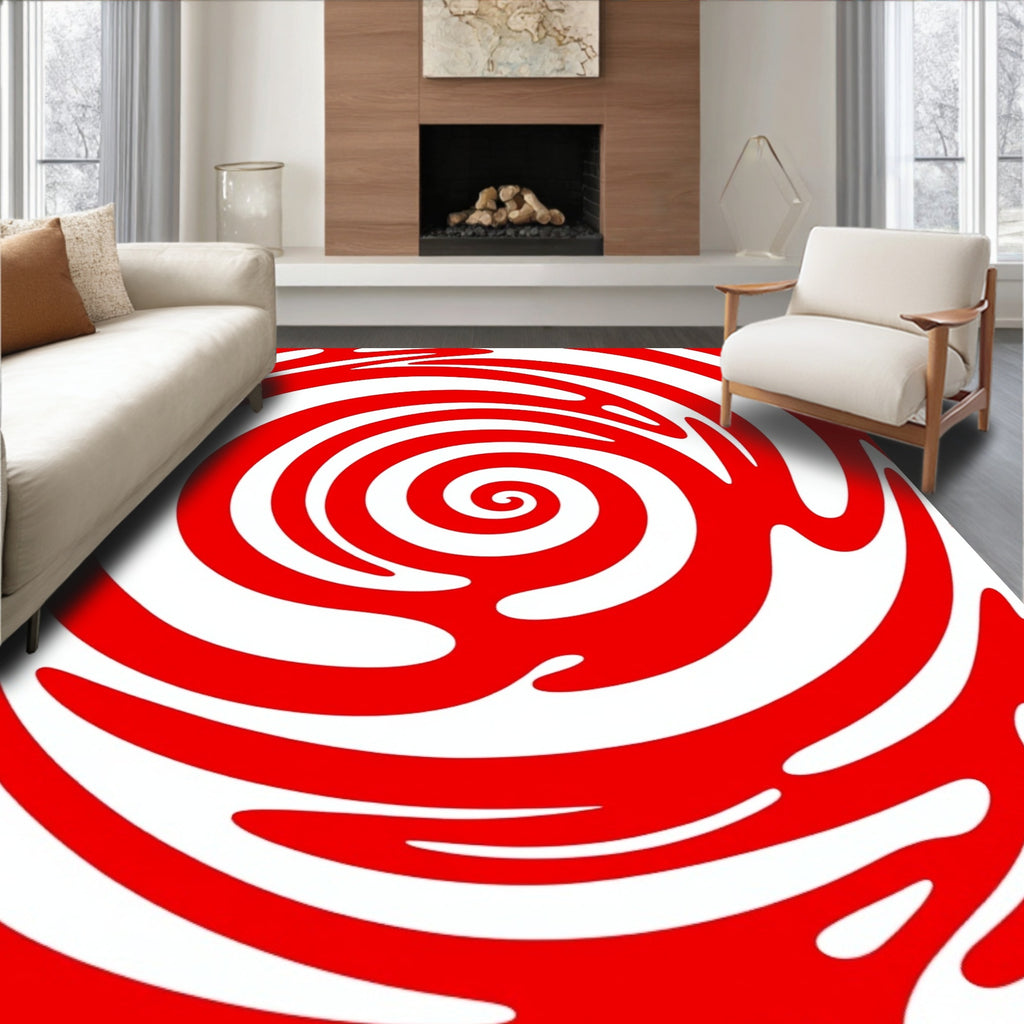 Crimson White Swirl Abstract Rug