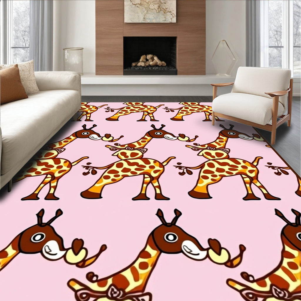 Whimsical Giraffe Pink Background Repeating Pattern Rug