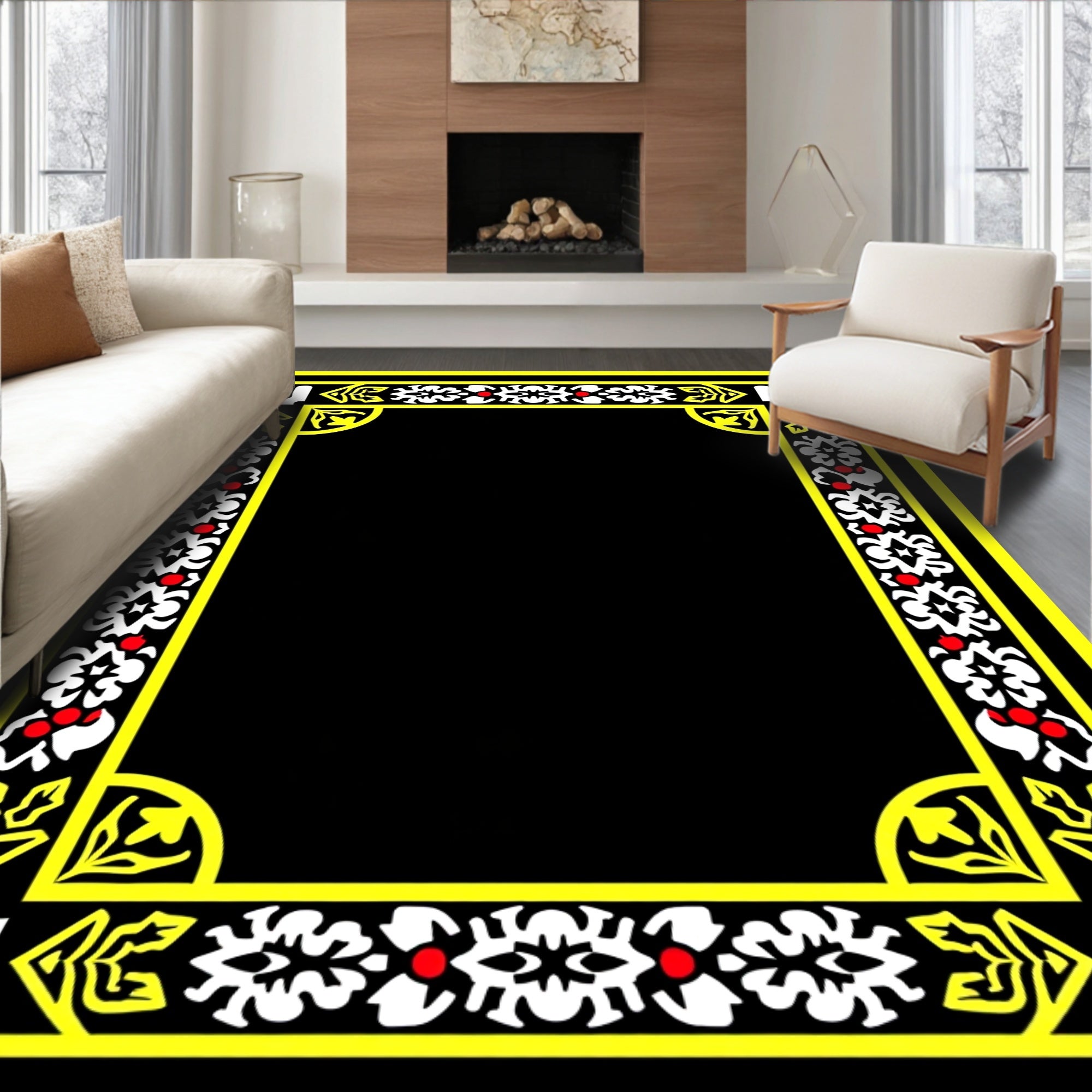 Bold Yellow White Red Floral Border Rug
