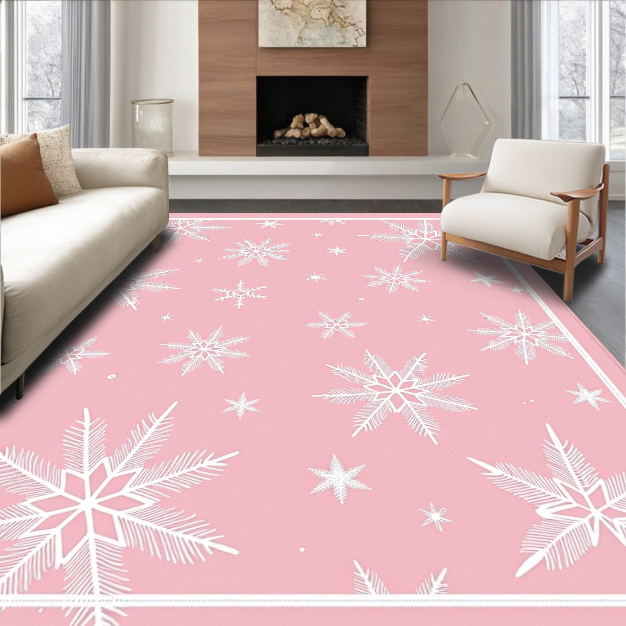 Pink White Snowflake Cluster Rag Rug