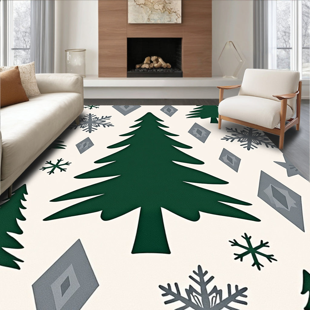 Forest Green Christmas Trees Snowflakes Diamonds Rug