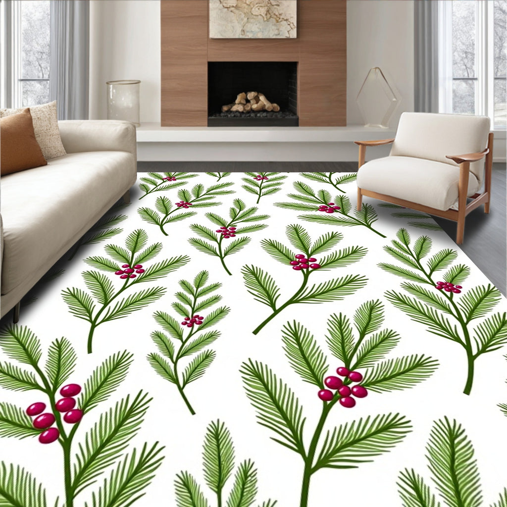 Green Pine Sprigs Crimson Berries Rug