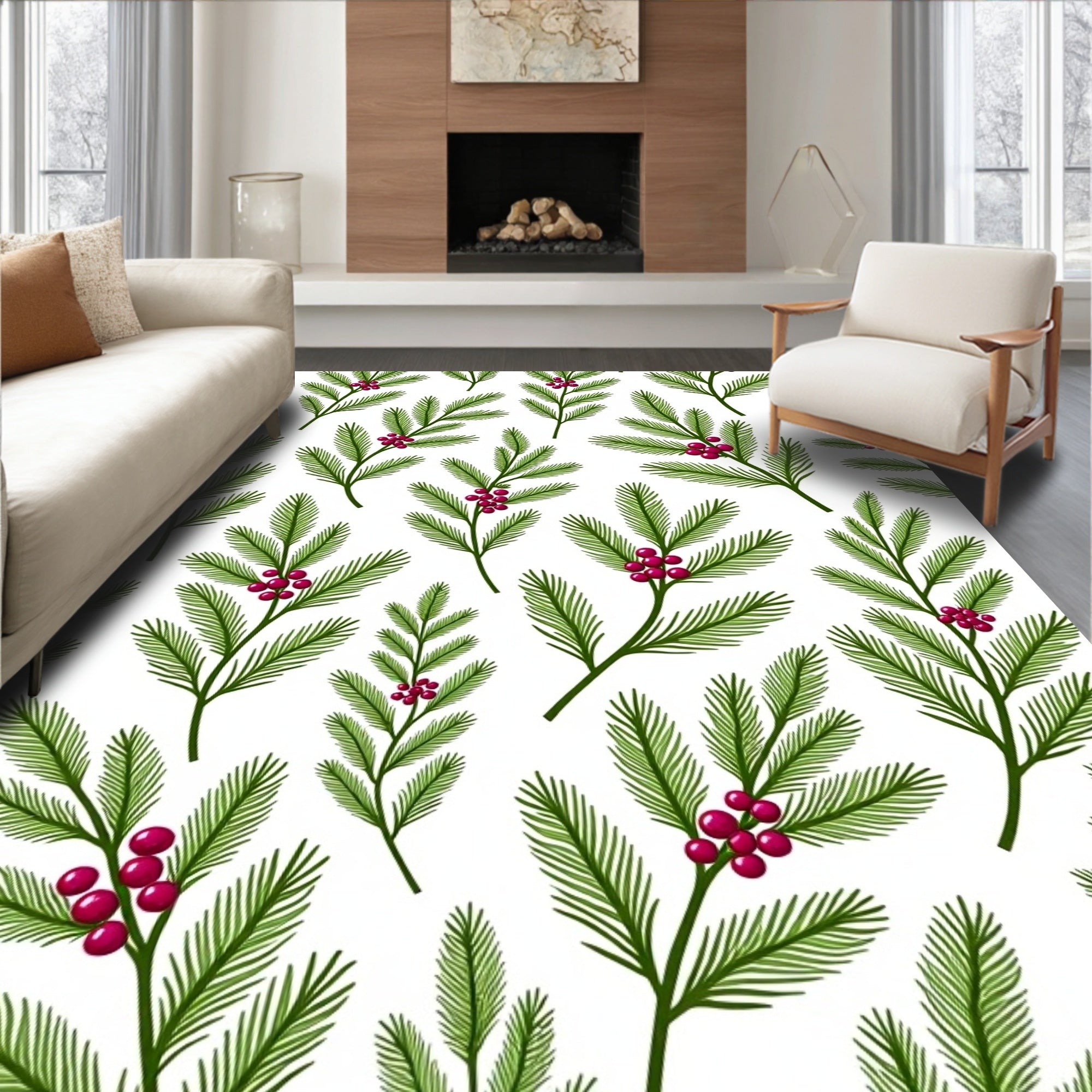 Green Pine Sprigs Crimson Berries Rug
