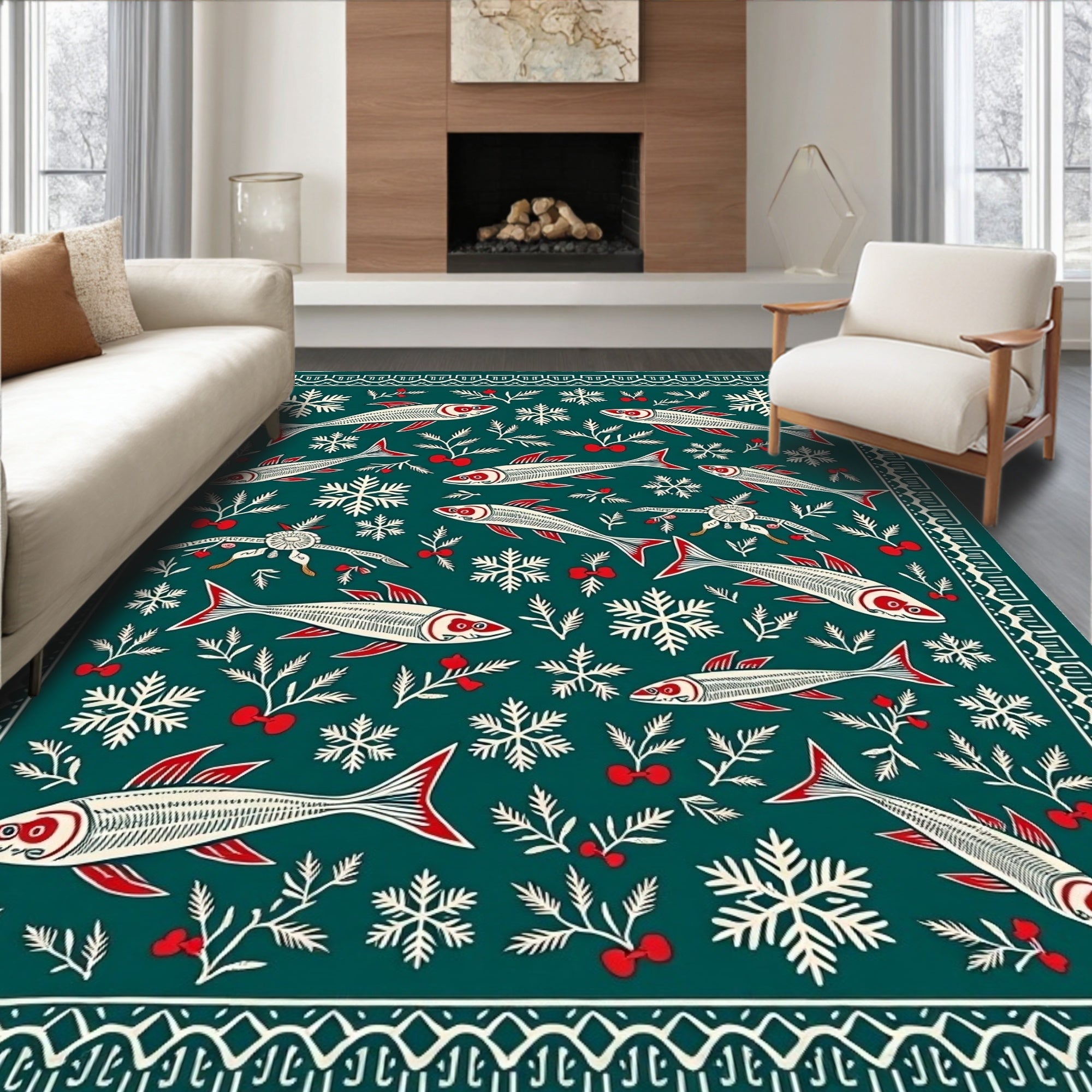 Deep Teal Fish Snowflake Bounty Rug
