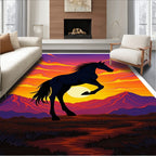 Majestic Black Stallion Sunset Mountains Rug