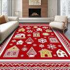 Festive Red Gingerbread Village Snowflakes Rug