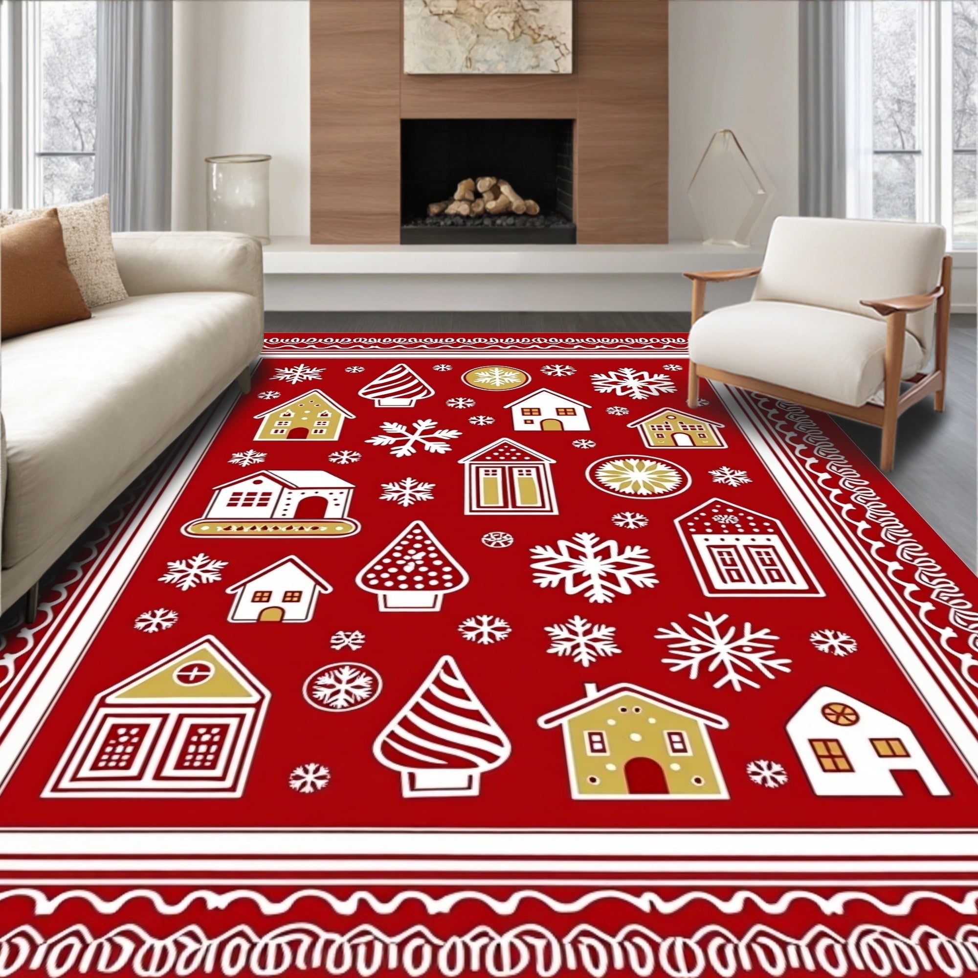 Festive Red Gingerbread Village Snowflakes Rug