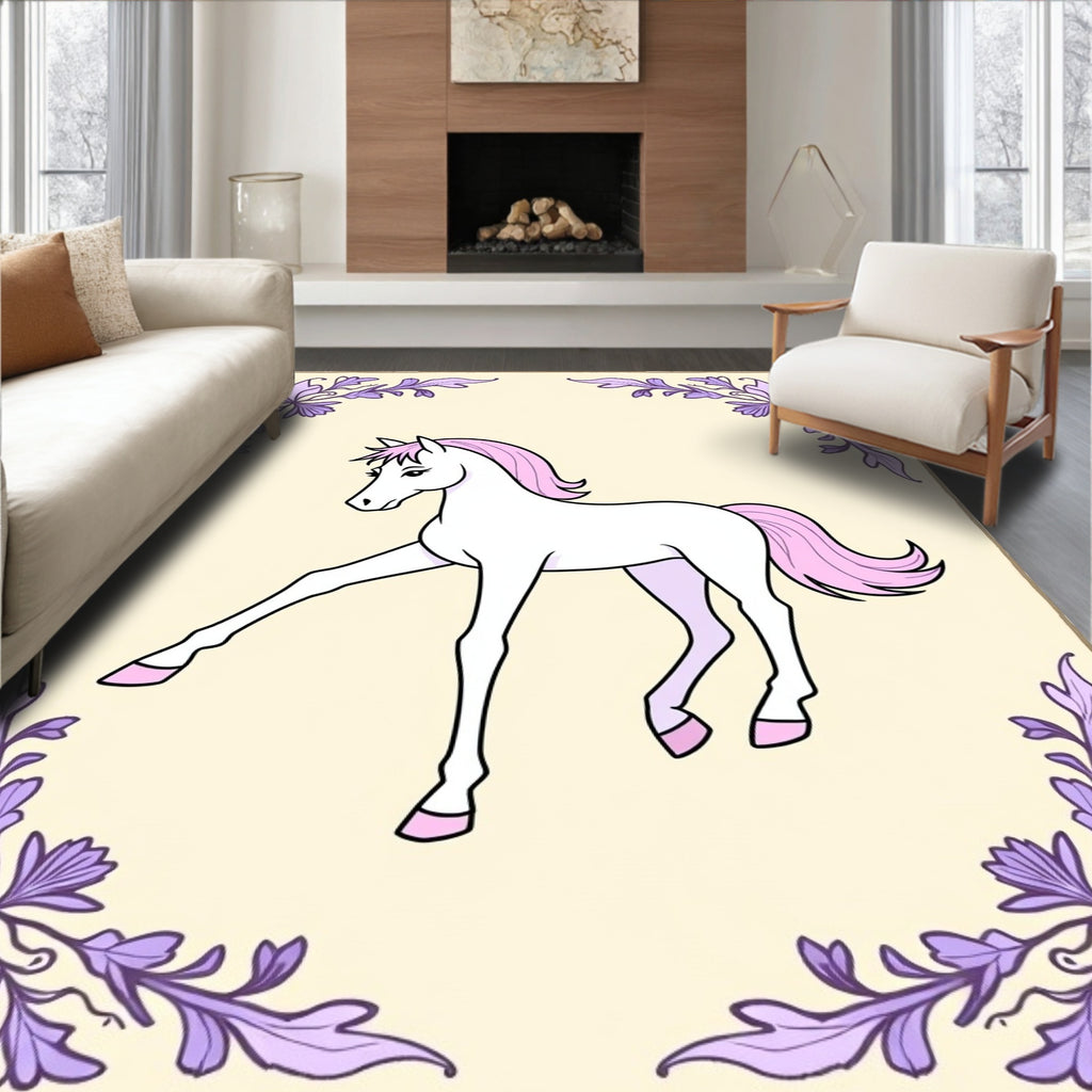 Whimsical White Horse Lavender Floral Frame Rug