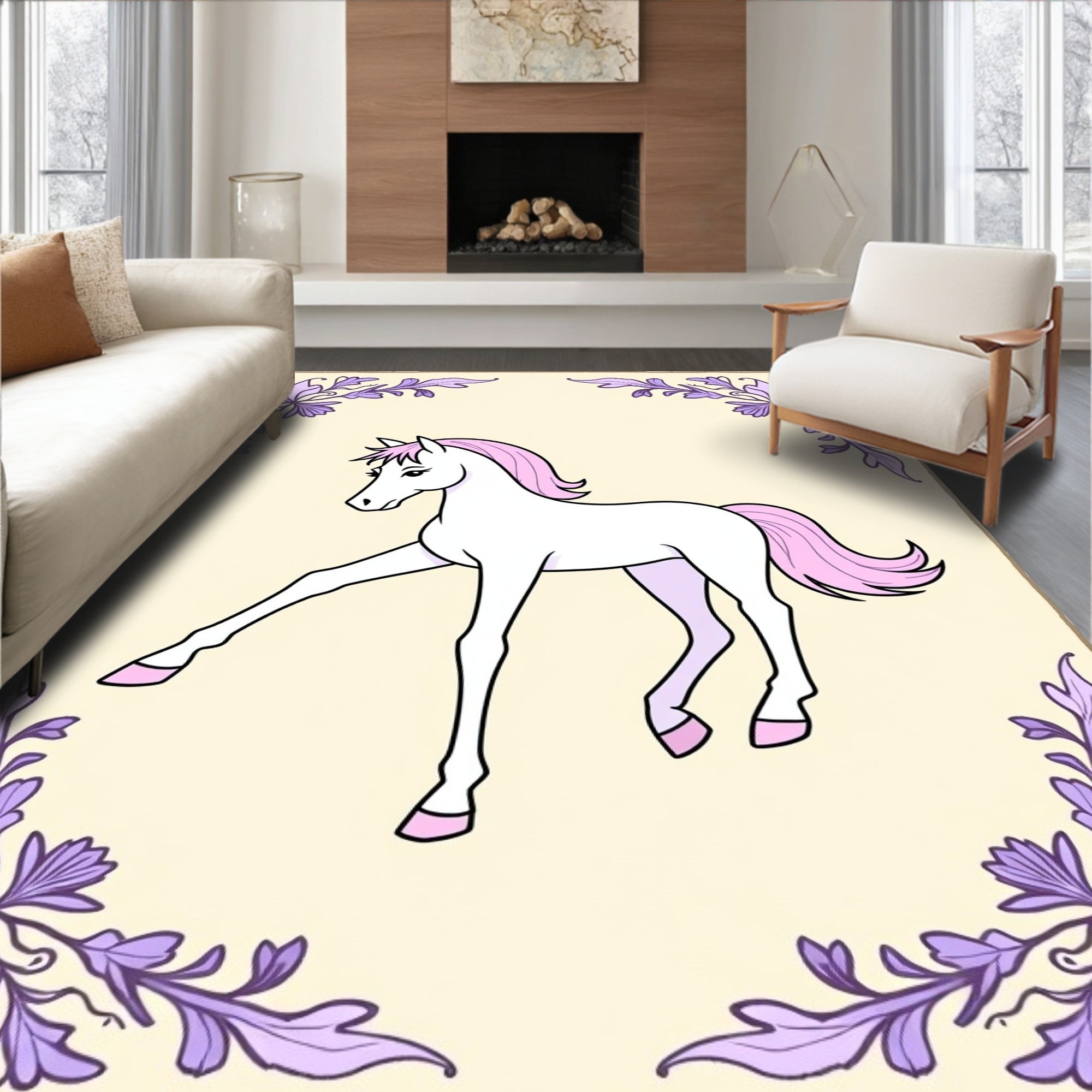 Whimsical White Horse Lavender Floral Frame Rug