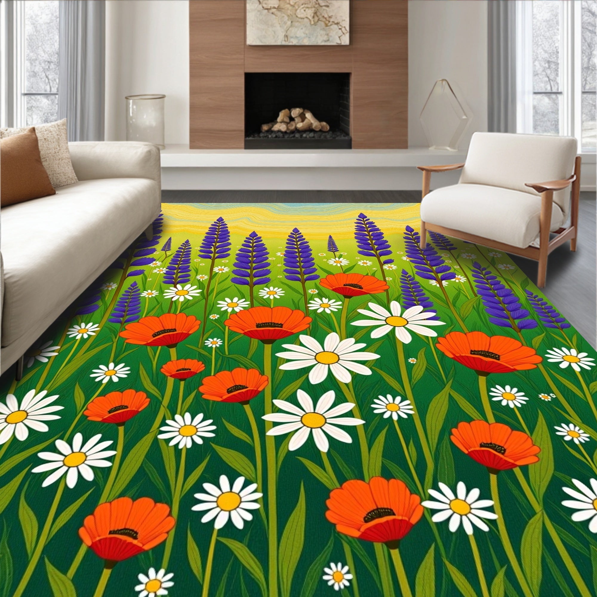Vibrant Lavender Poppy Field Rug