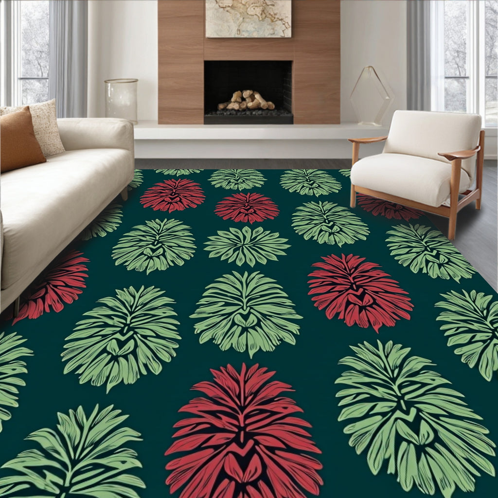 Deep Teal Red Green Leaf Emblem Rug