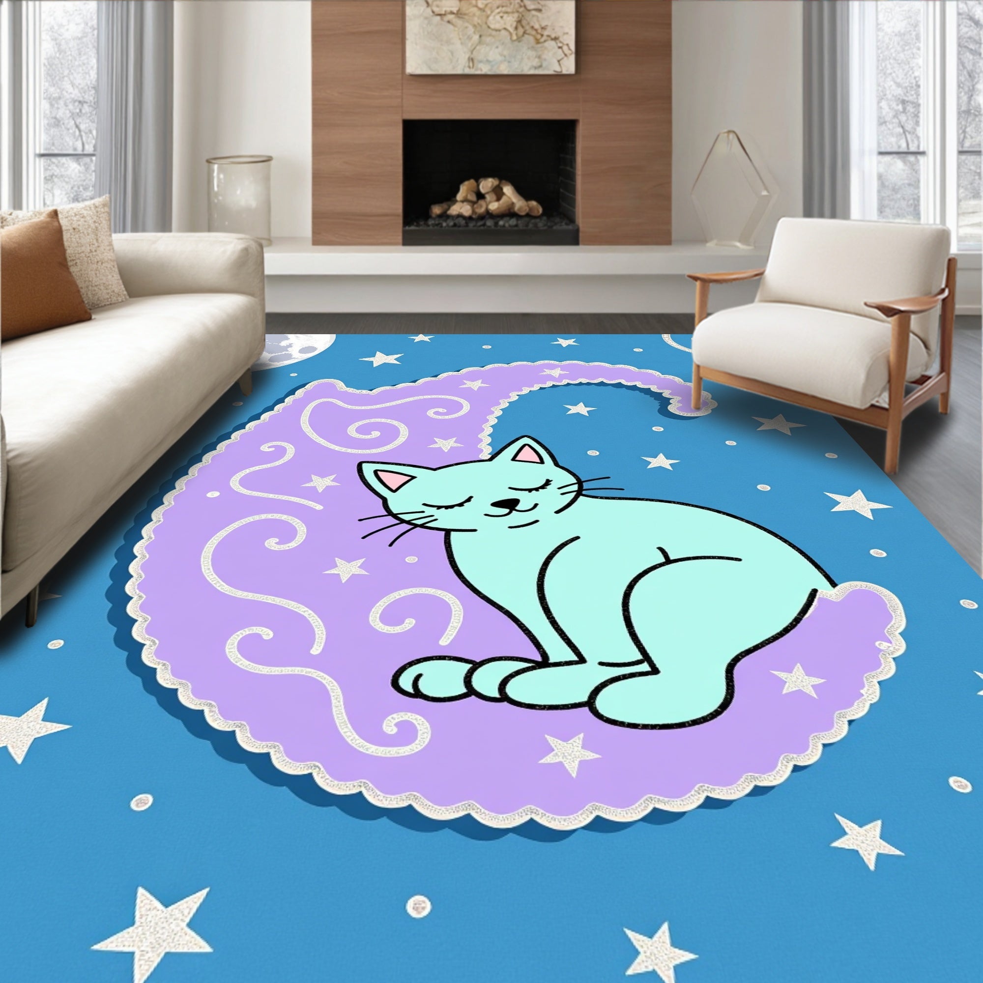 Crescent Moon Cat Sleeping Among Stars Rug