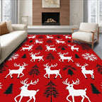 Red White Christmas Reindeer Snowflake Trees Rug