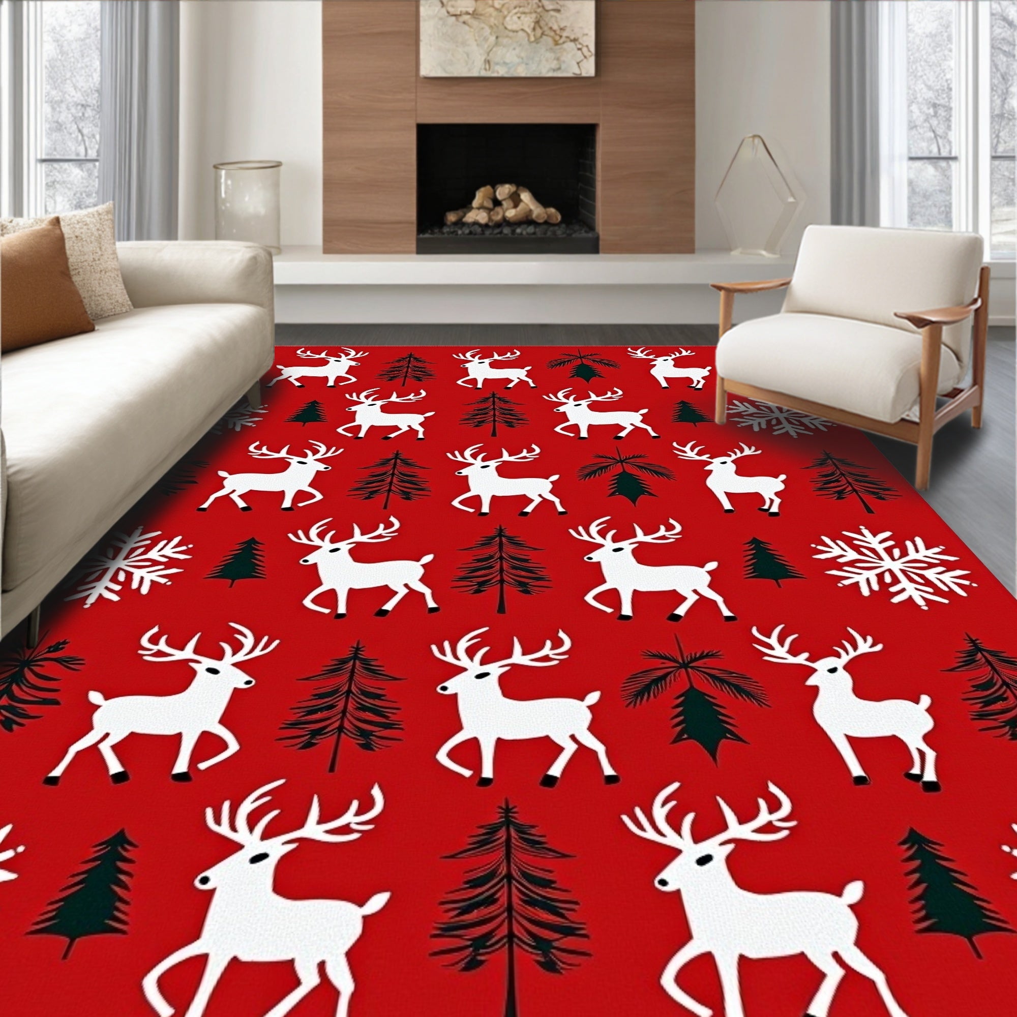 Red White Christmas Reindeer Snowflake Trees Rug