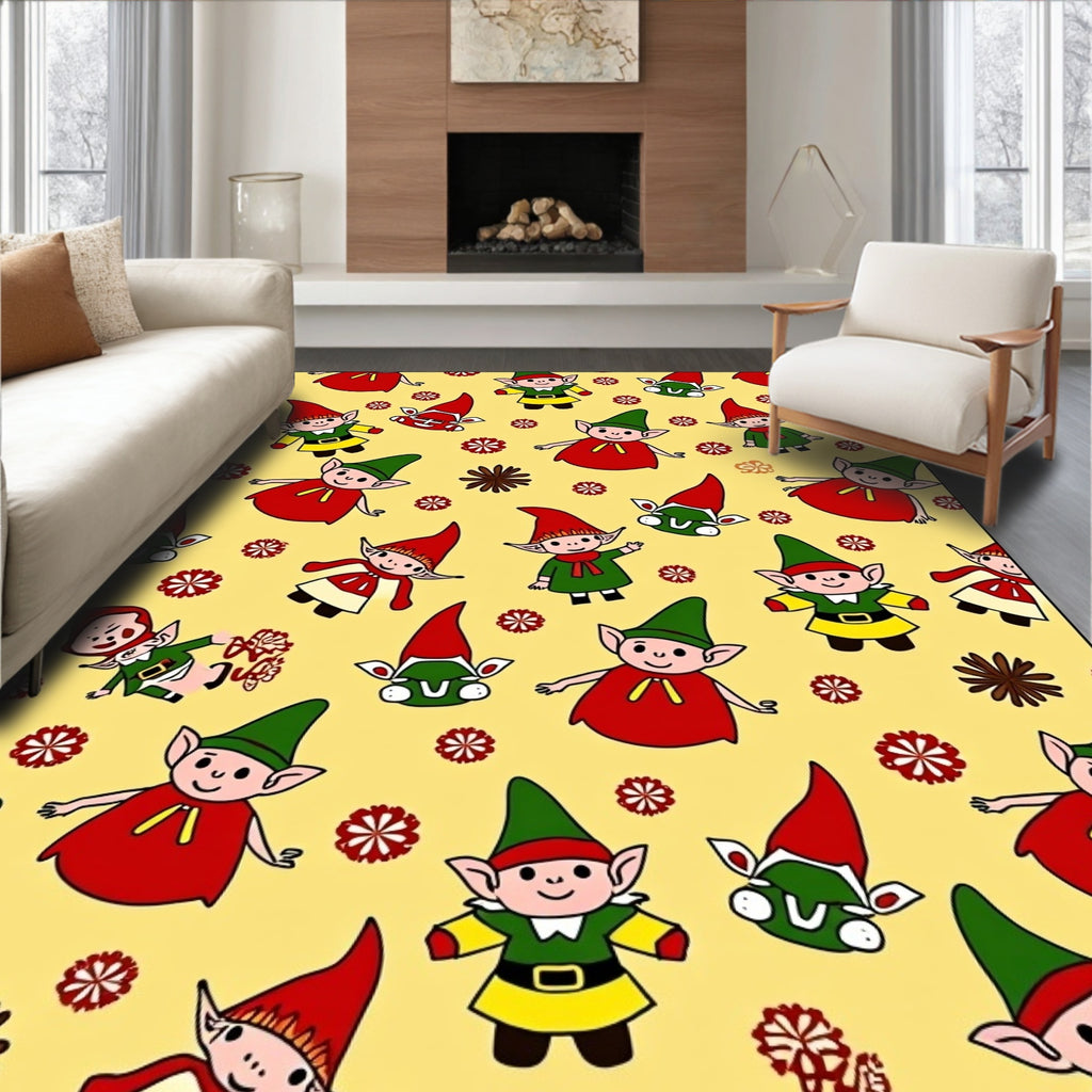 Whimsical Red Green Elves Yellow Background Rug