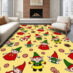 Whimsical Red Green Elves Yellow Background Rug