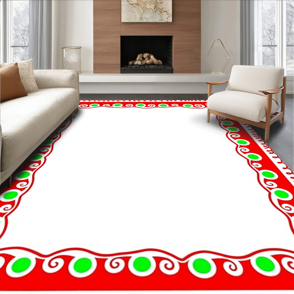 Festive Red Green Dot Swirl Border Rug