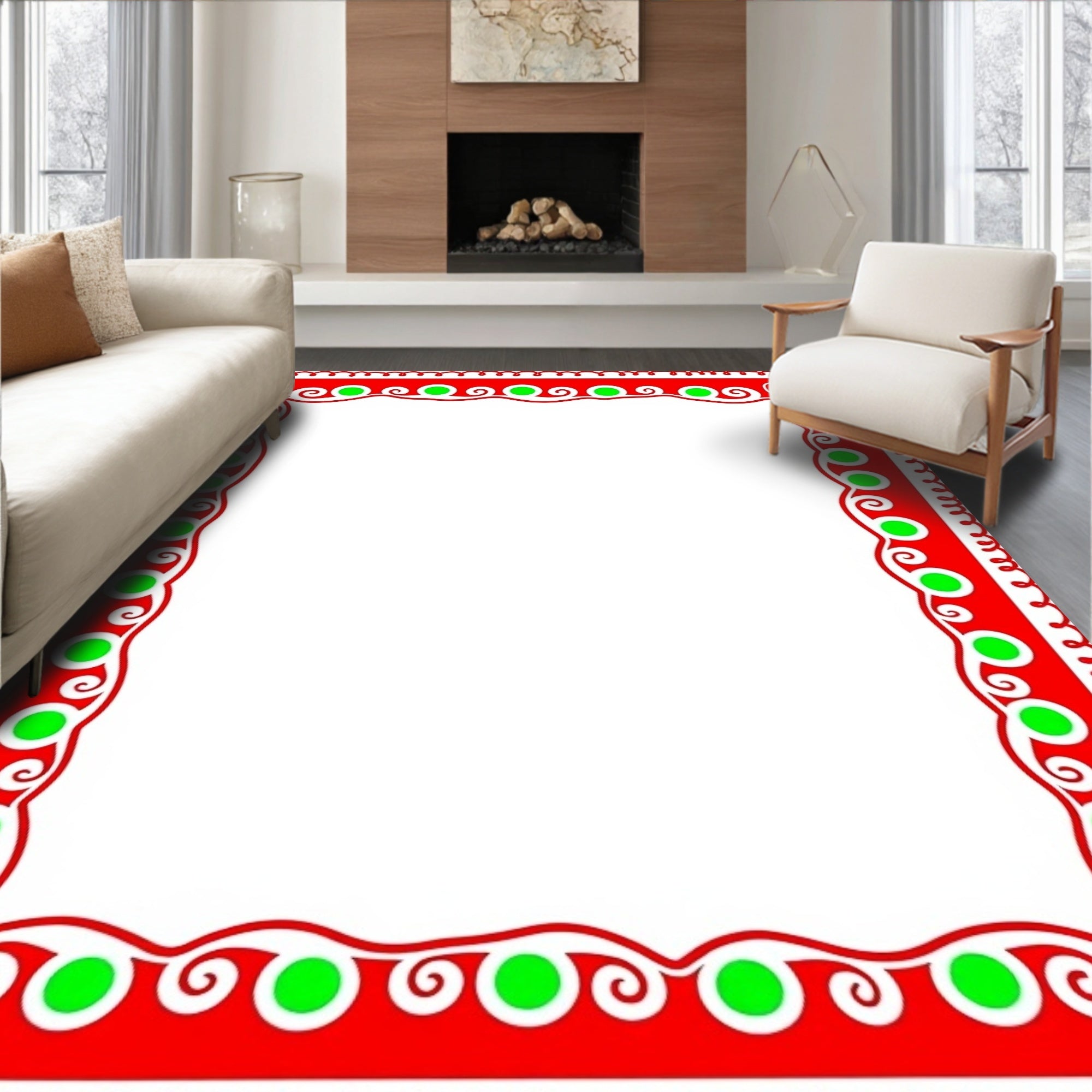 Festive Red Green Dot Swirl Border Rug