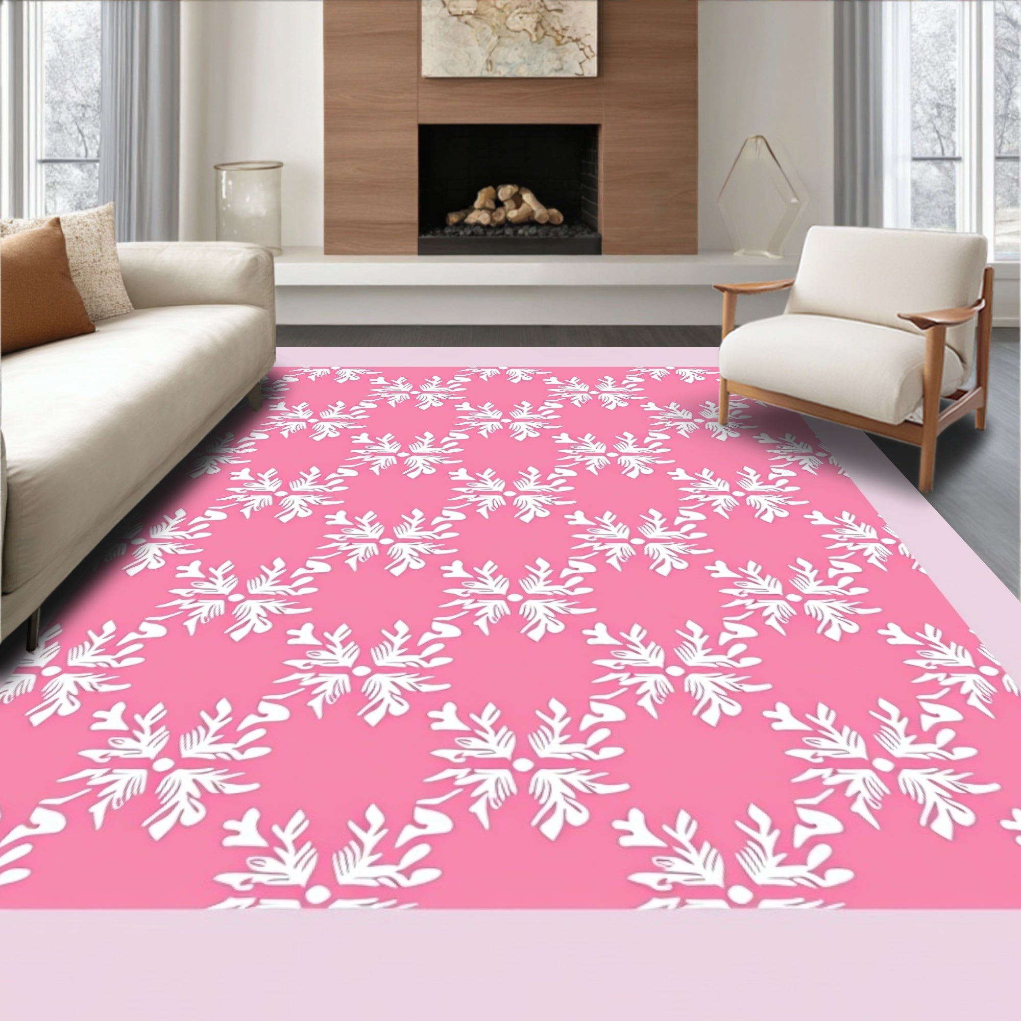 Pink White Snowflake Scatter Rug