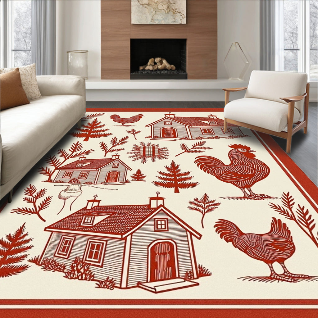 Farmhouse Red Rooster Village Scene Rug