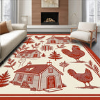 Farmhouse Red Rooster Village Scene Rug