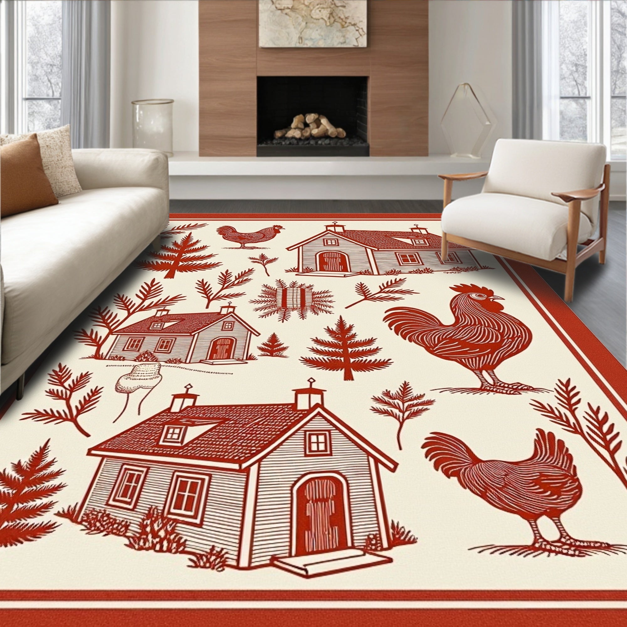 Farmhouse Red Rooster Village Scene Rug