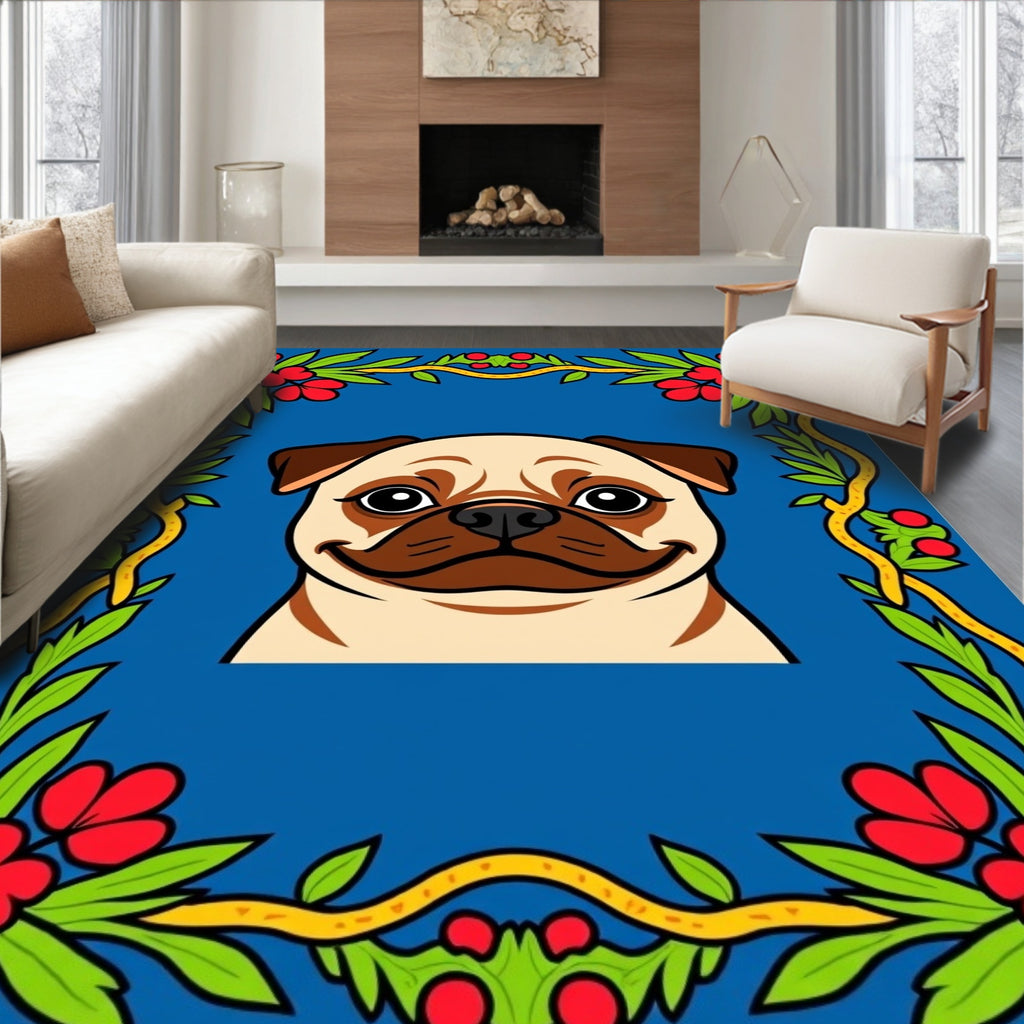 Cute Pug Floral Border Rug