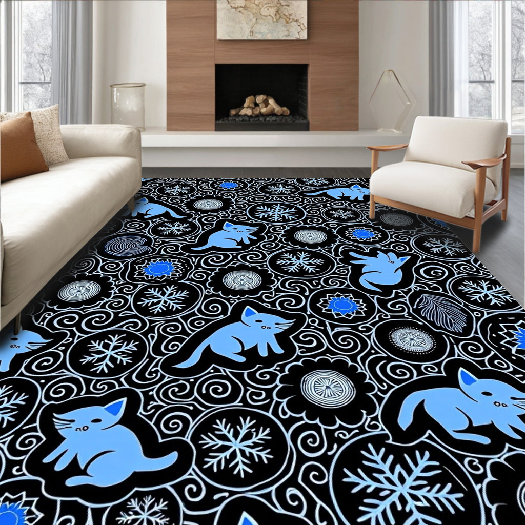 Cute Blue Cats Snowflake Circles Rug