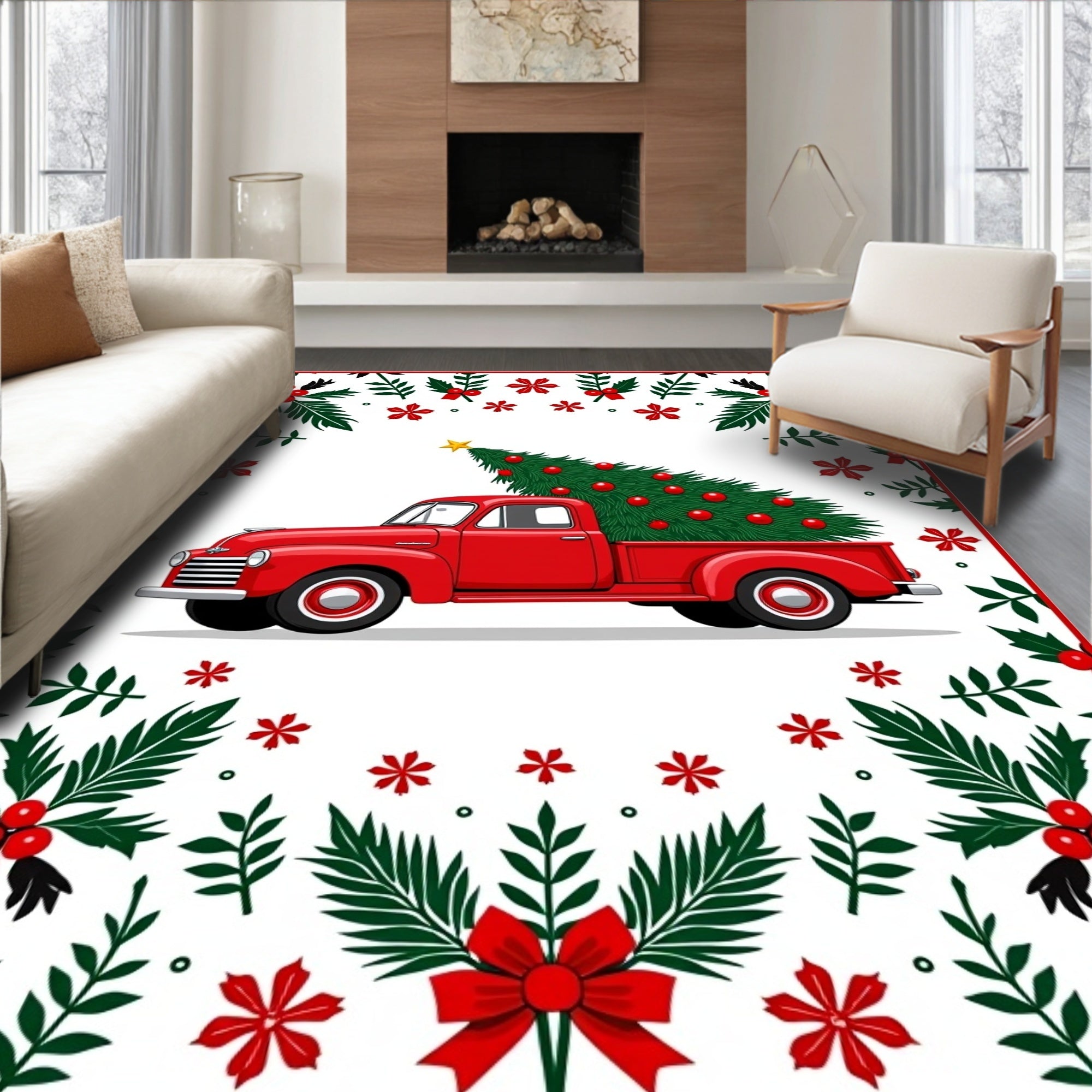 Vintage Red Truck Christmas Tree Border Rug