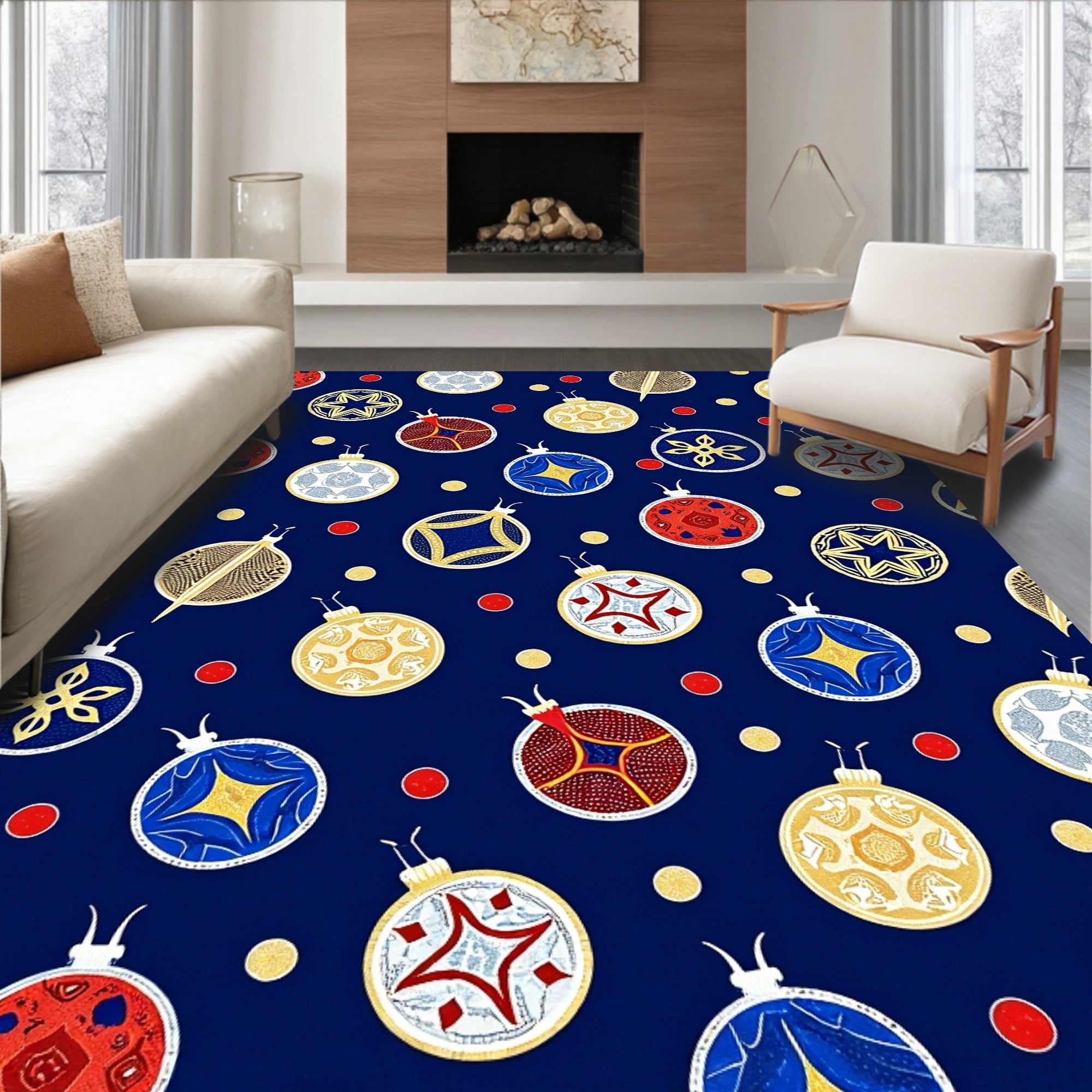 Festive Ornaments on Navy Background Rug