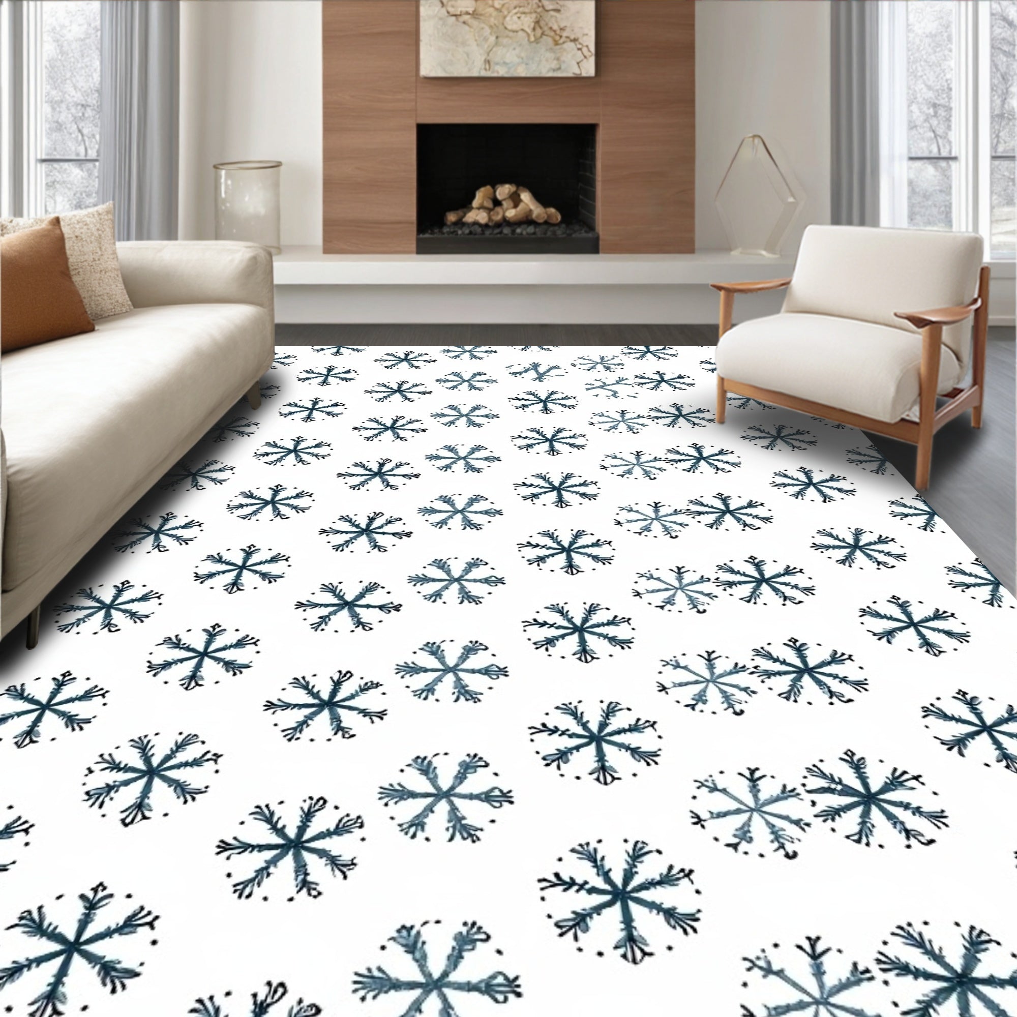 White Snowflakes Scattered Inky Blue Rug
