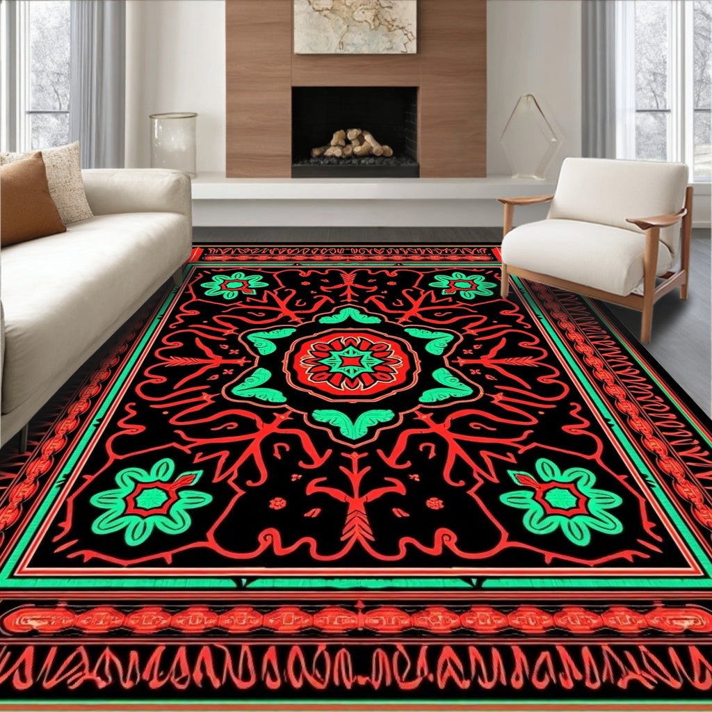 Bold Red Black Floral Medallion Rug