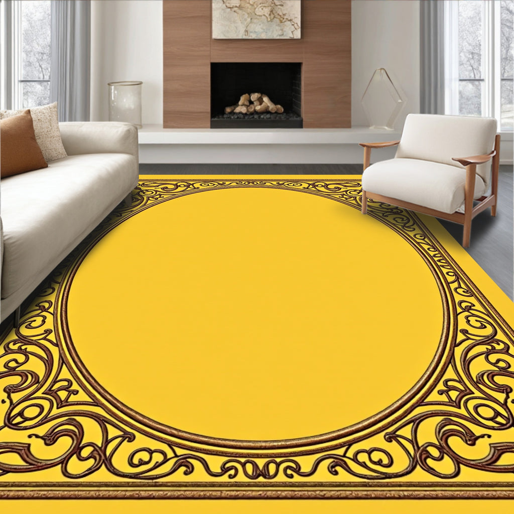 Ornate Golden Scrollwork Oval Frame Rug