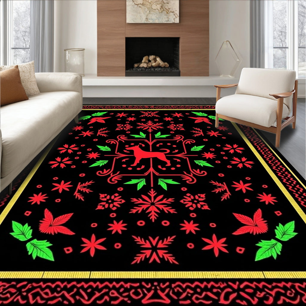 Red Dog Green Leaf Black Floral Rug