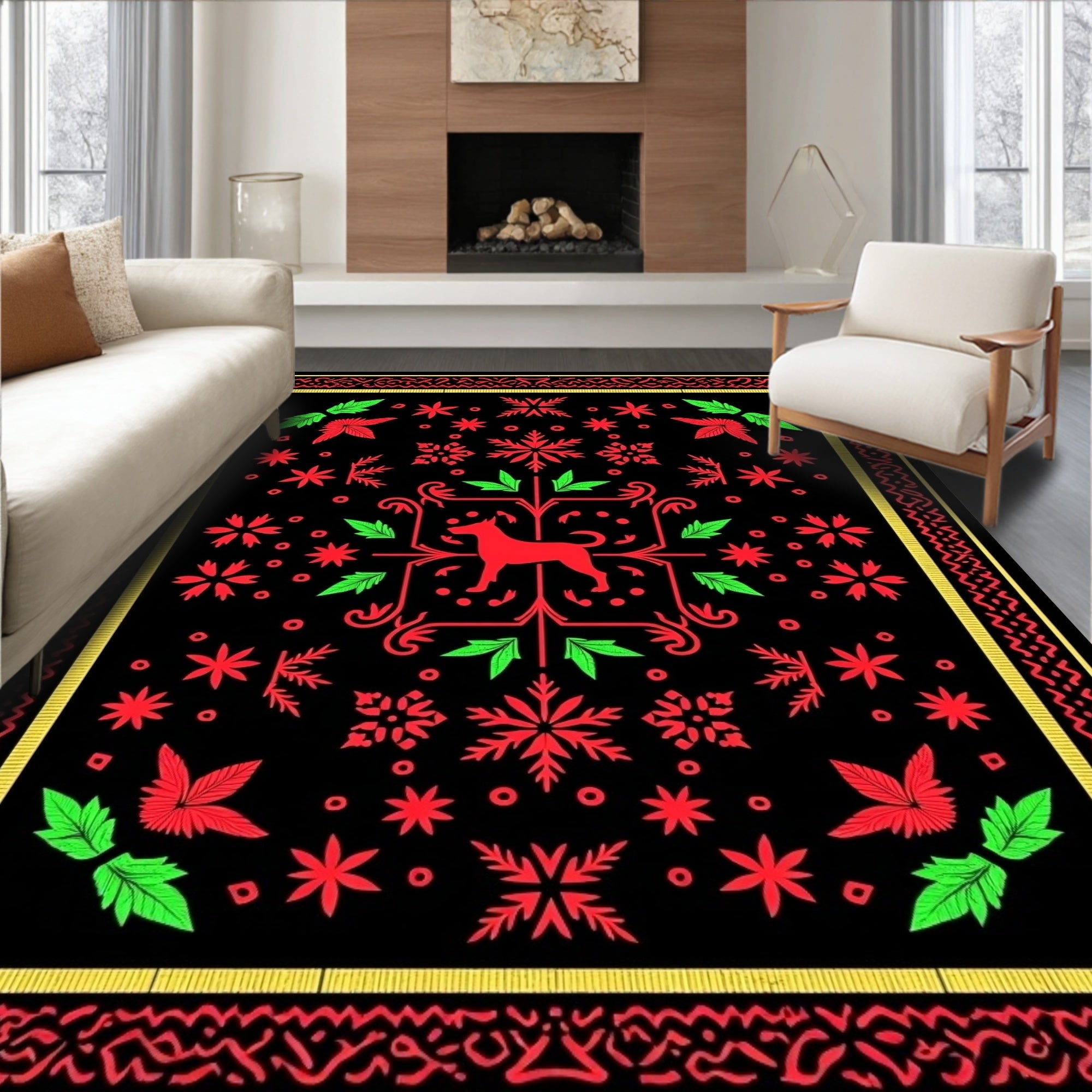 Red Dog Green Leaf Black Floral Rug