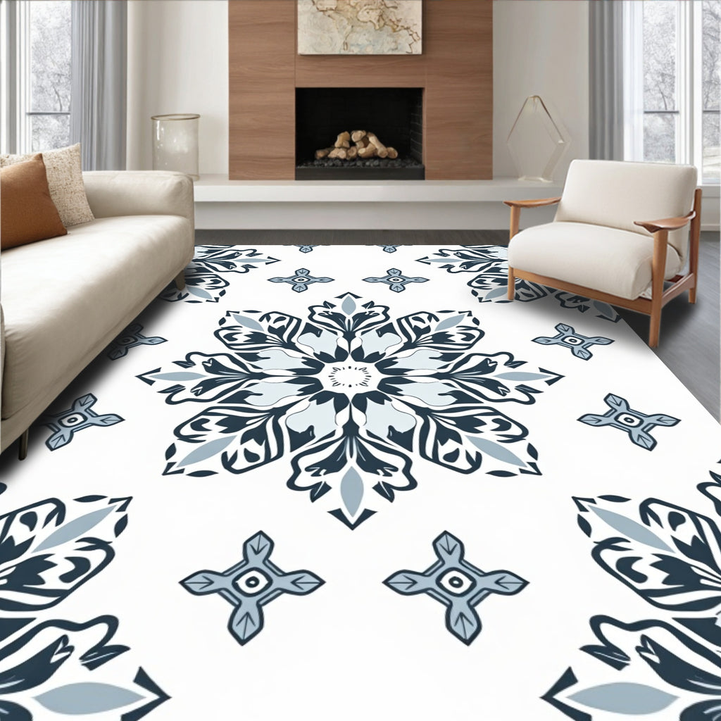 Navy Blue White Floral Medallion Rug