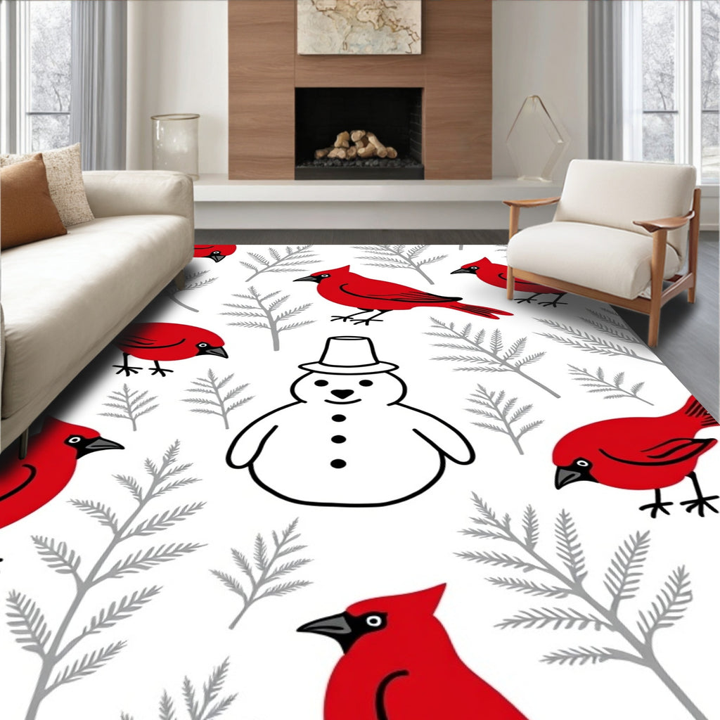 Red Cardinal Snowman Winter Branch Arrangement Rug