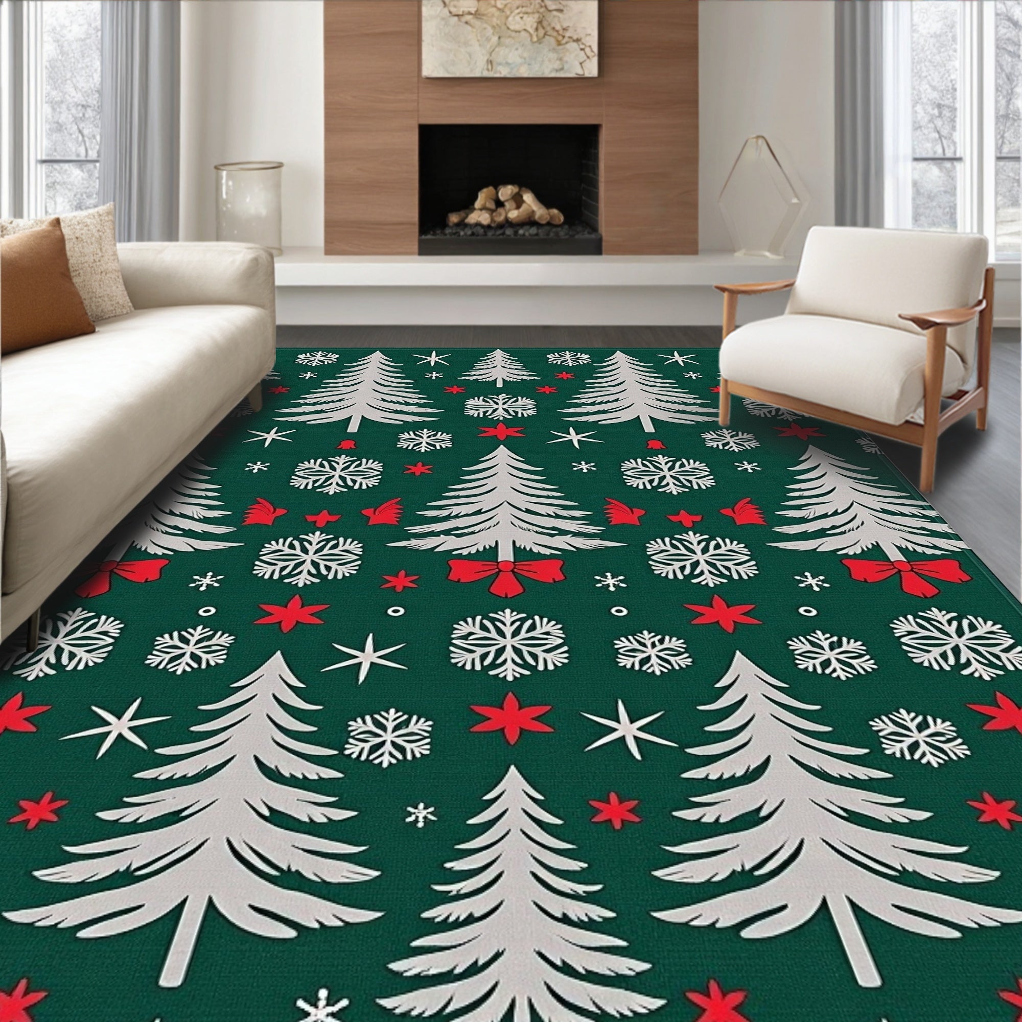 Green White Red Christmas Trees Snowflakes Rug