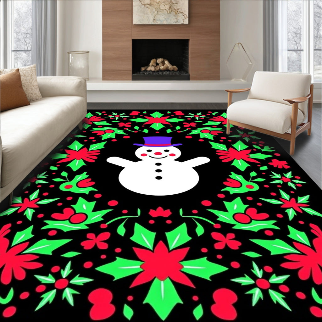 Whimsical Snowman Holly Berry Border Rug