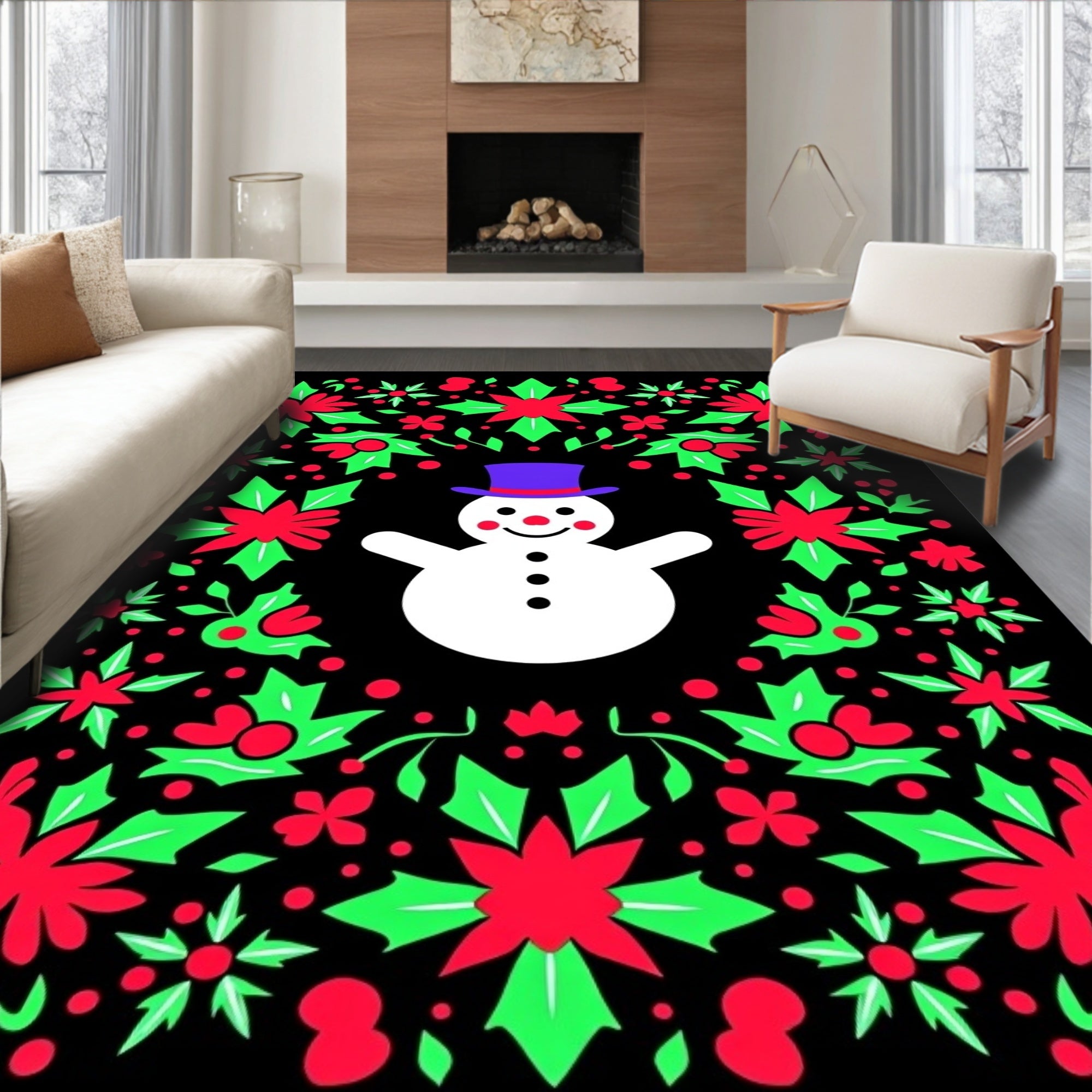 Whimsical Snowman Holly Berry Border Rug