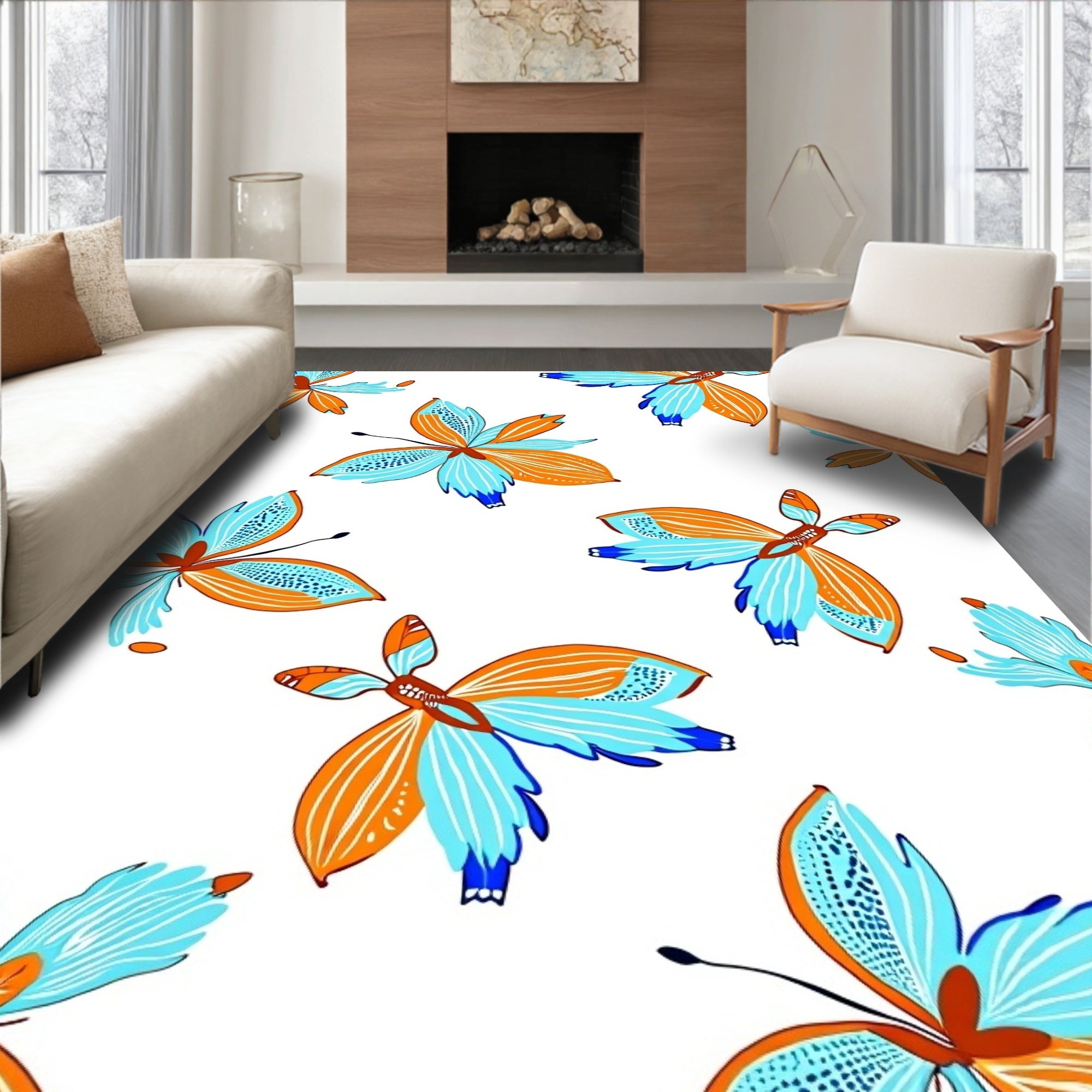 Vibrant Orange Blue Butterfly Garden Rug