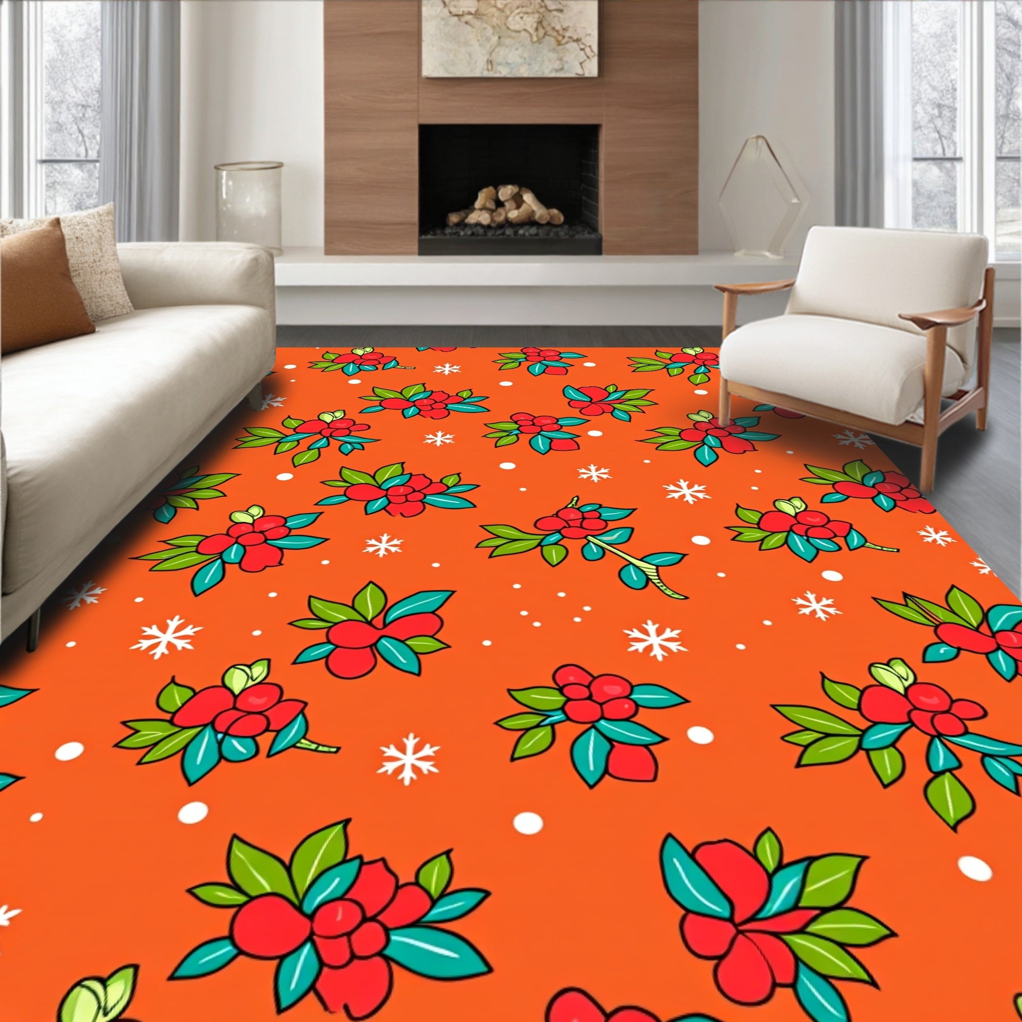 Red Berry Branch Snowflake Background Rug