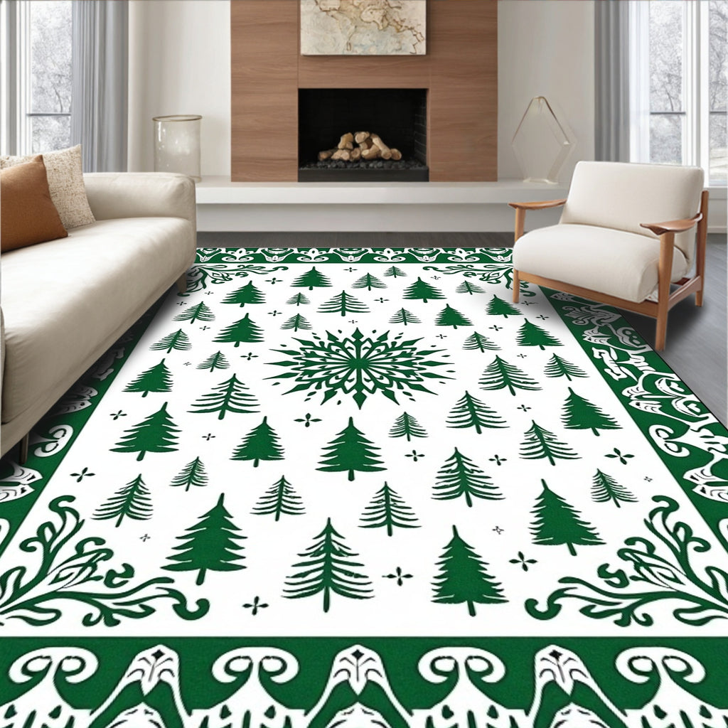 Green Forest Pine Tree Snowflake Medallion Rug