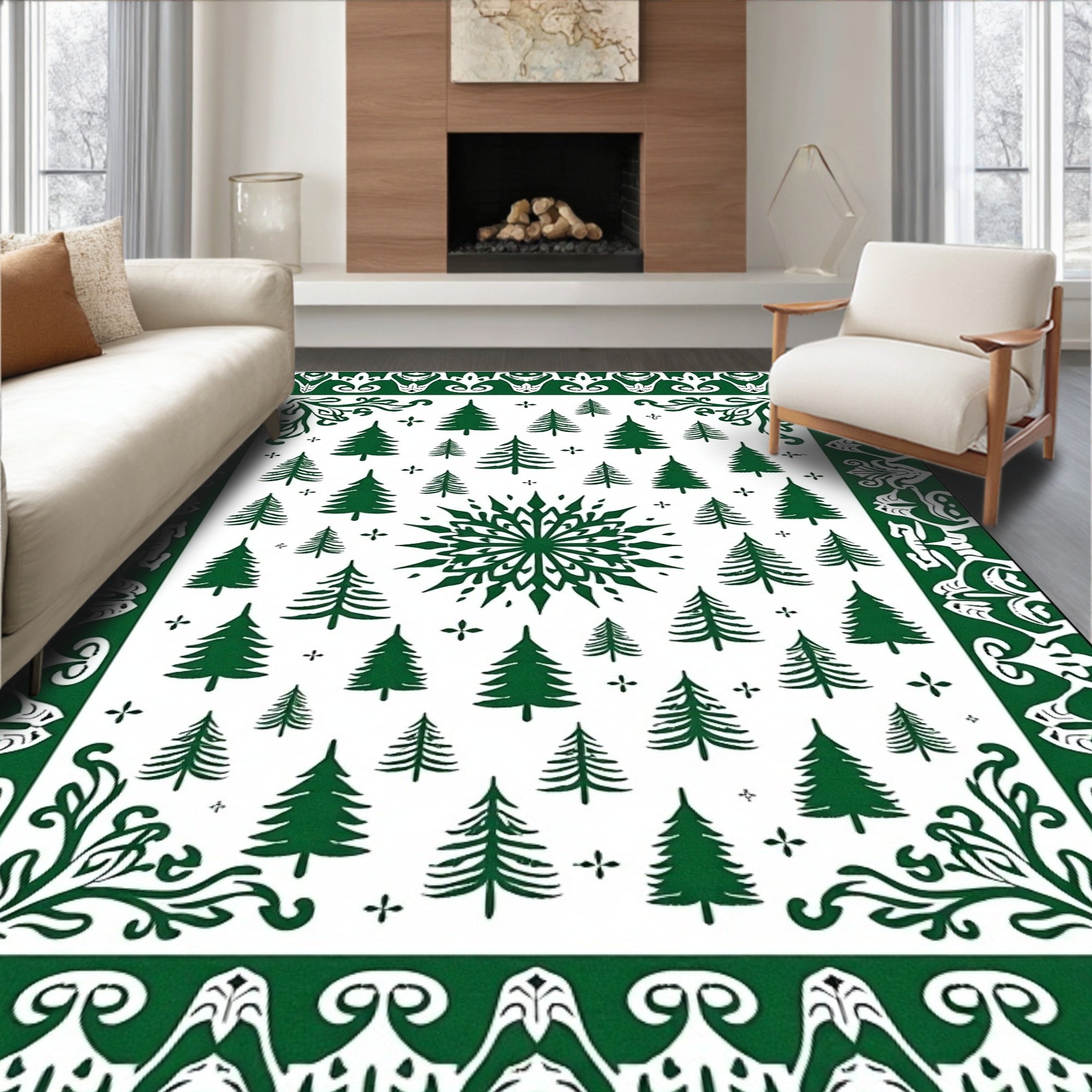 Green Forest Pine Tree Snowflake Medallion Rug