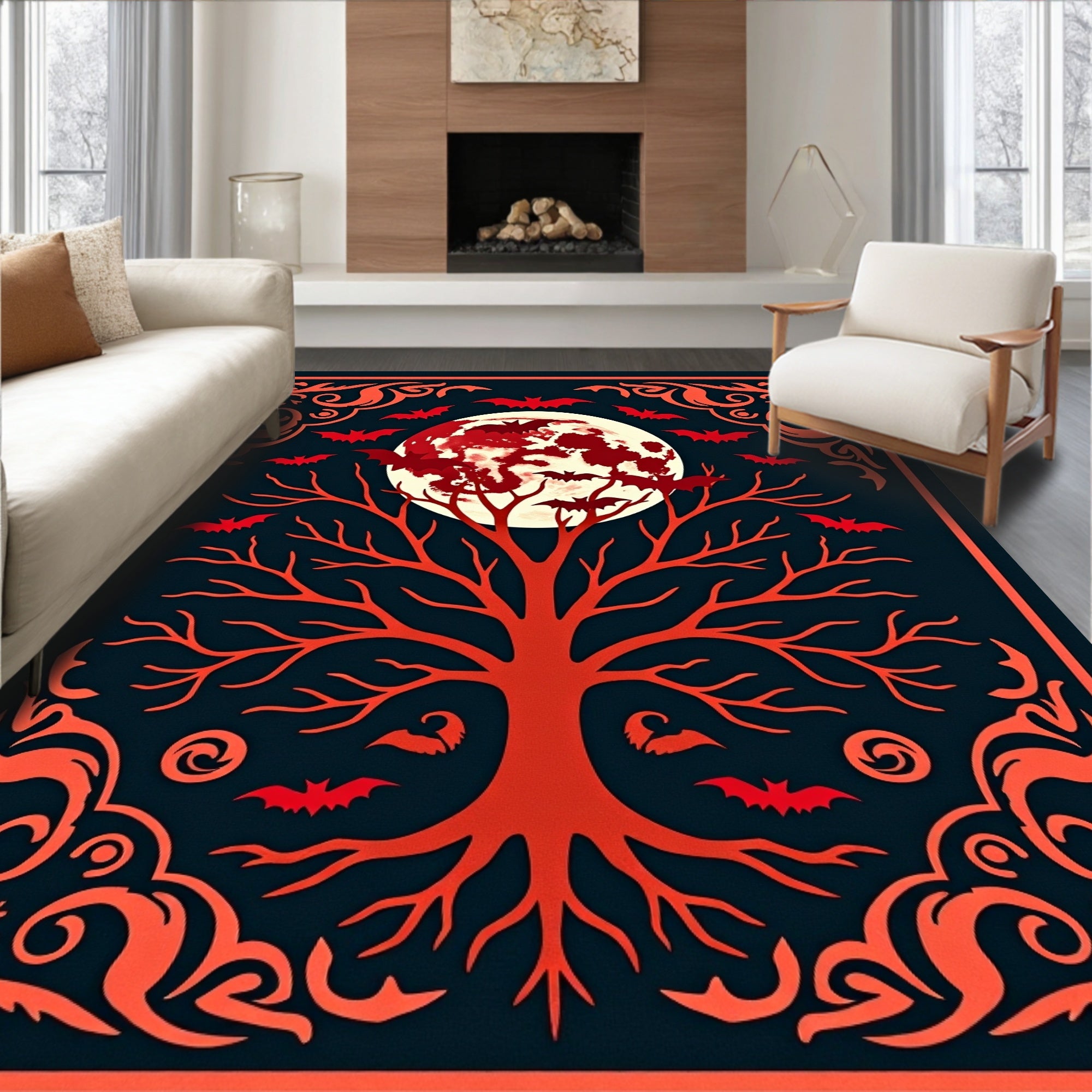 Crimson Bat Tree Moon Border Rug